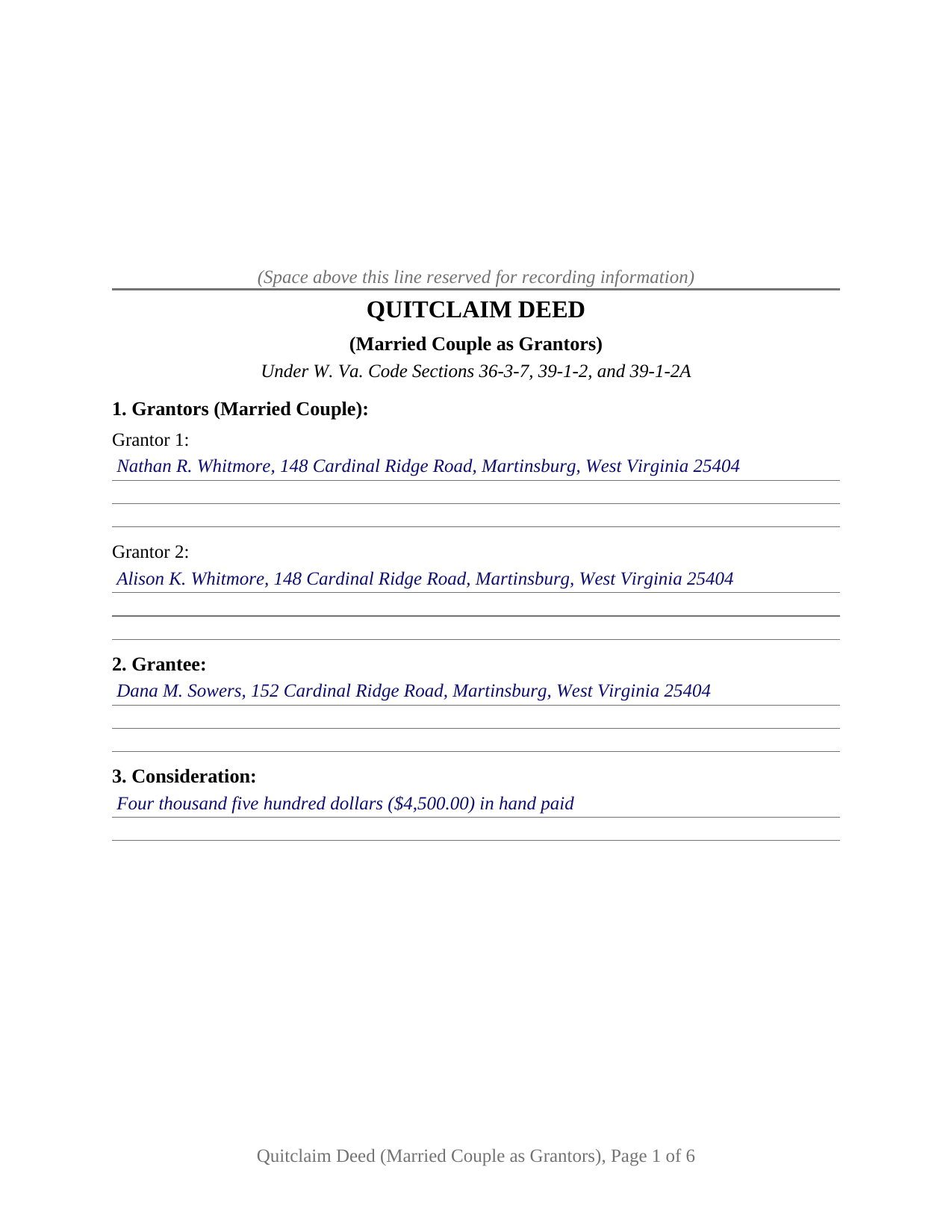 Summers County Completed Example of the Quitclaim Deed (Married Couple as Grantors) Document