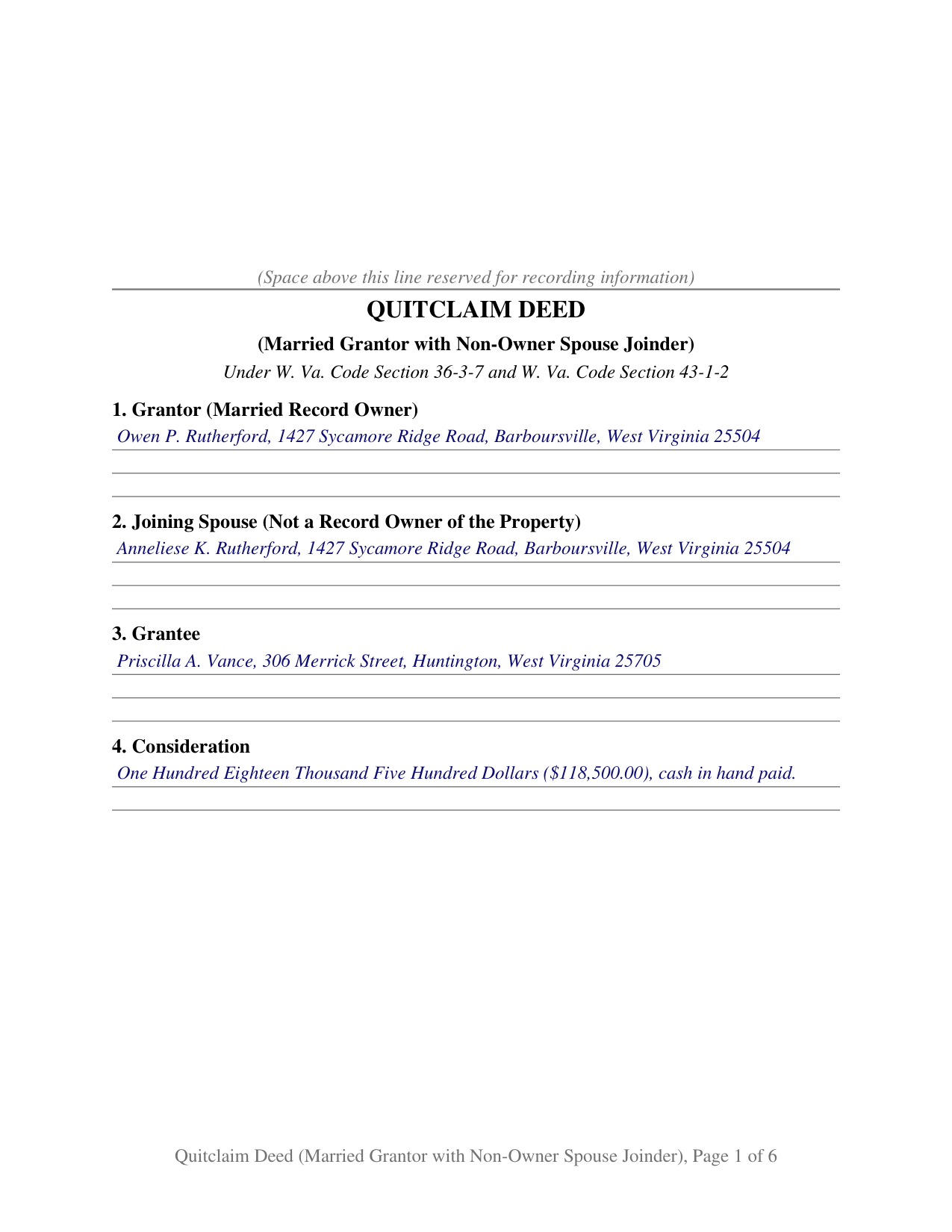 Tucker County Completed Example of the Quitclaim Deed (Married Grantor with Non-Owner Spouse Joinder) Document