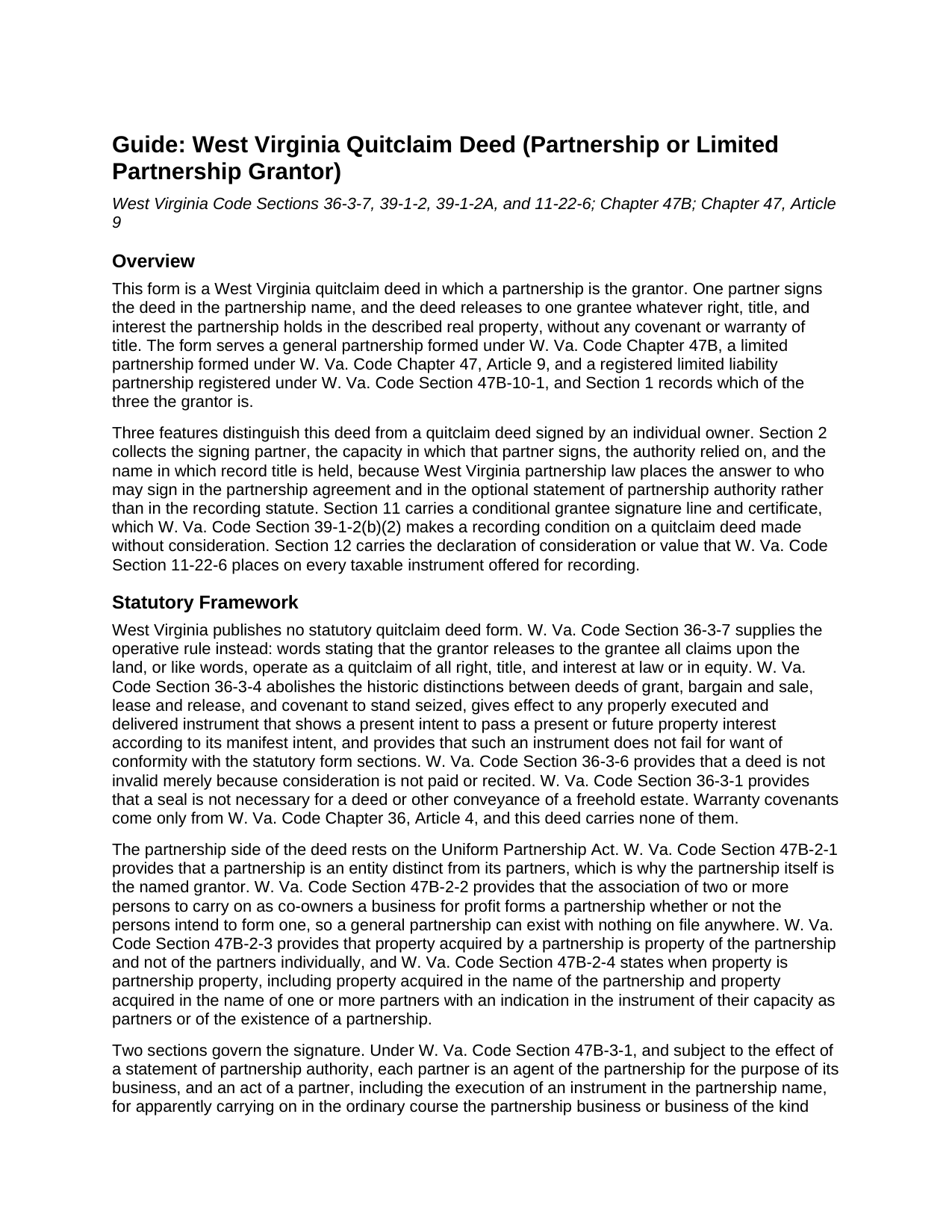 Ritchie County Quitclaim Deed (Partnership or Limited Partnership Grantor) Guide