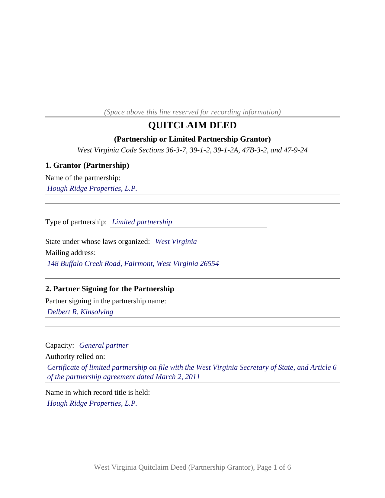 Ritchie County Completed Example of the Quitclaim Deed (Partnership or Limited Partnership Grantor) Document