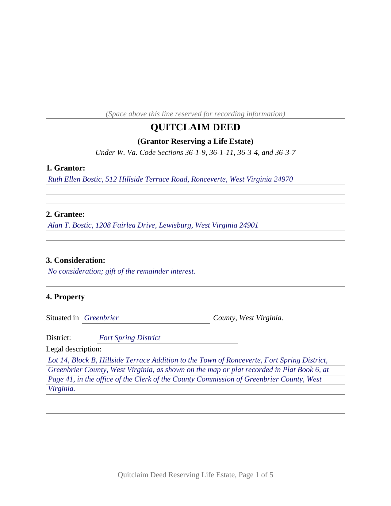 Raleigh County Completed Example of the Quitclaim Deed (Reserving Life Estate) Document
