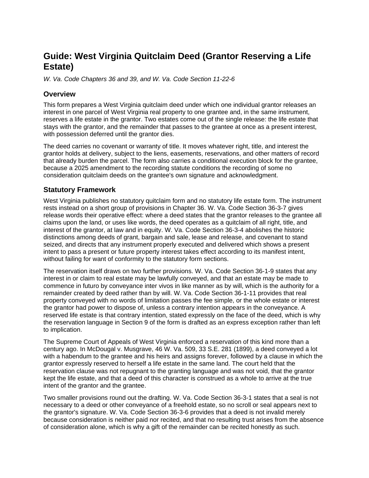 Raleigh County Quitclaim Deed (Reserving Life Estate) Guide