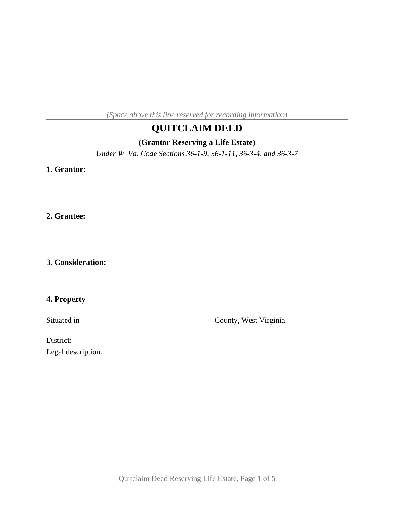 Raleigh County Quitclaim Deed (Reserving Life Estate) Form