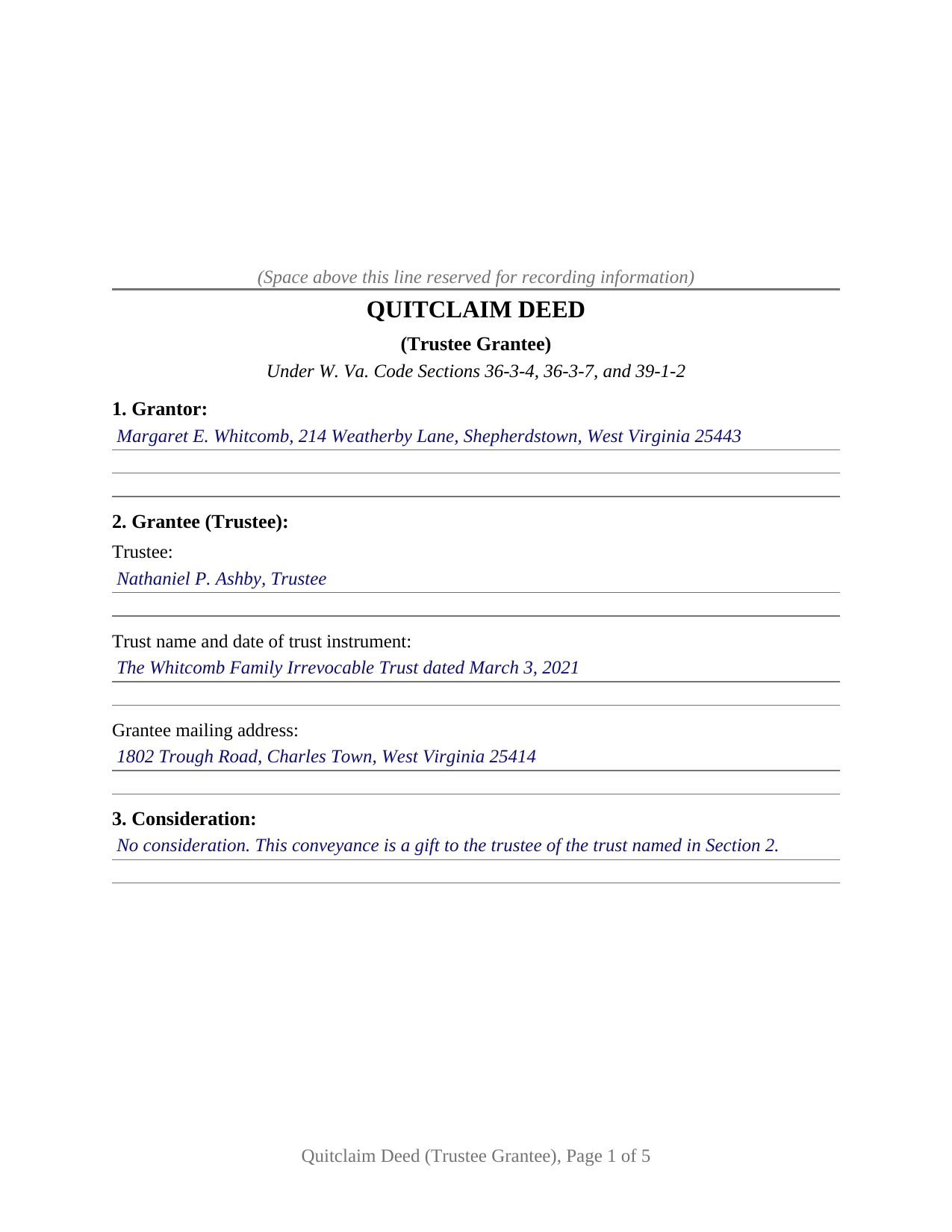 Calhoun County Completed Example of the Quitclaim Deed (Trustee Grantee) Document