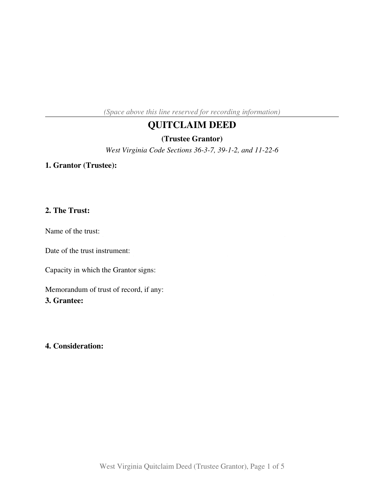 Brooke County Quitclaim Deed (Trustee Grantor) Form