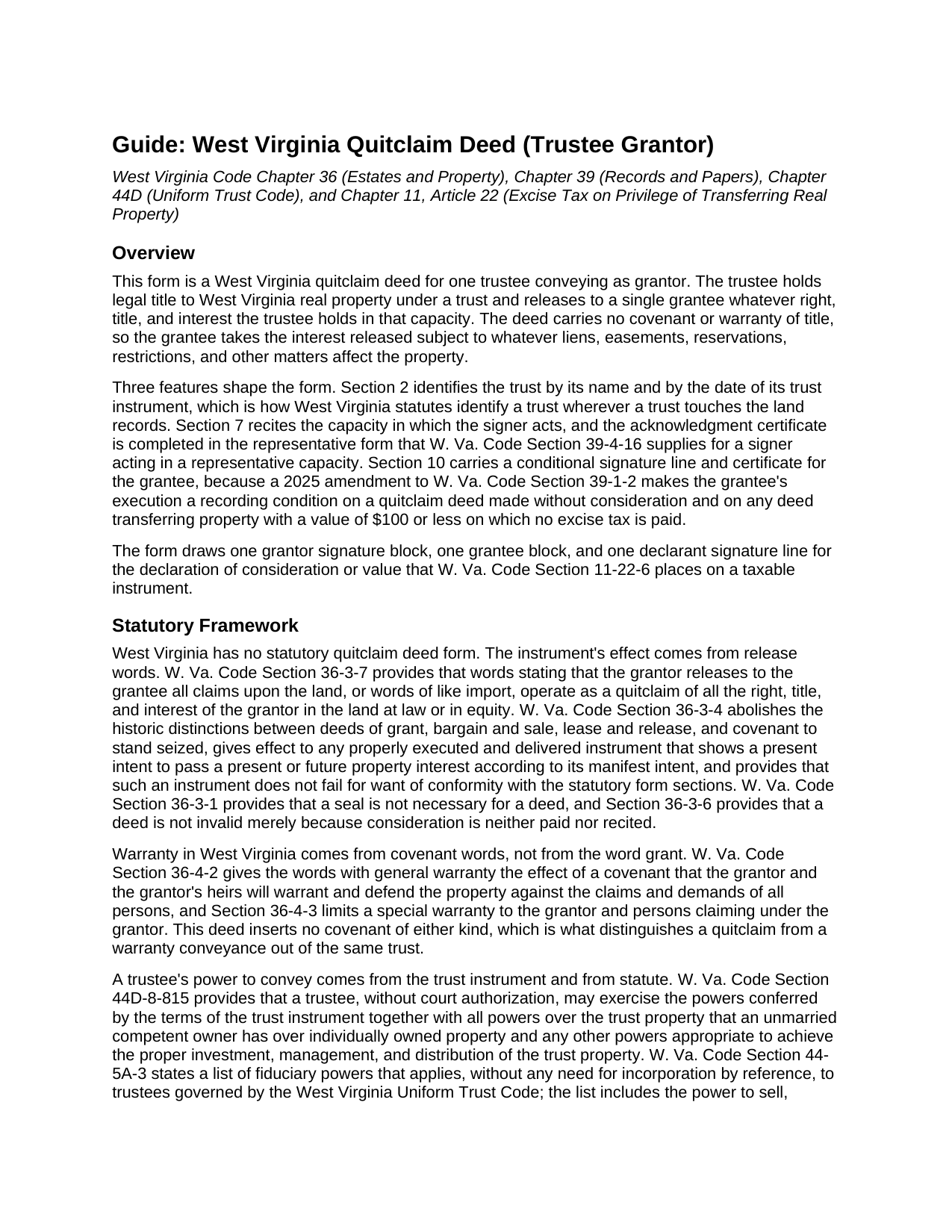 Brooke County Quitclaim Deed (Trustee Grantor) Guide