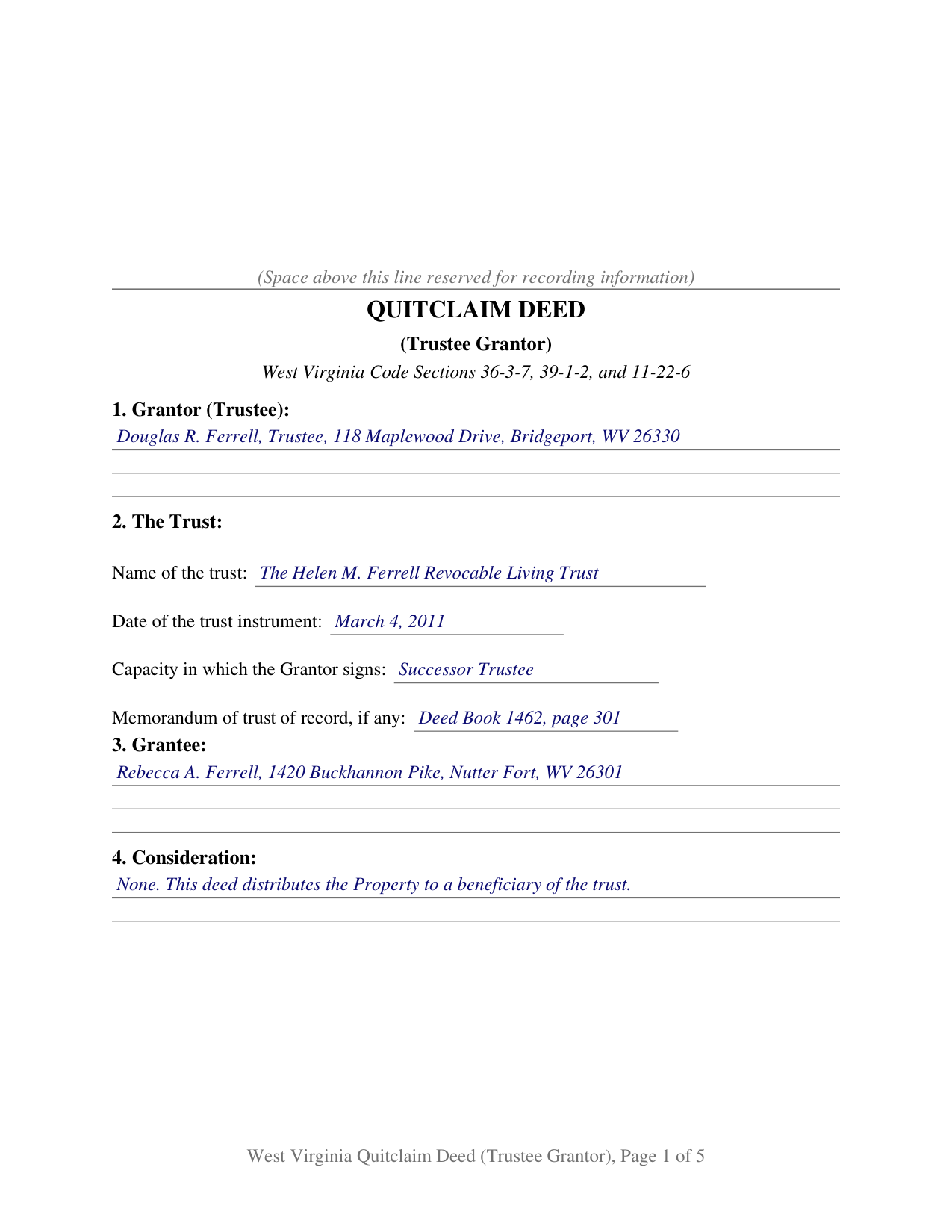 Brooke County Completed Example of the Quitclaim Deed (Trustee Grantor) Document