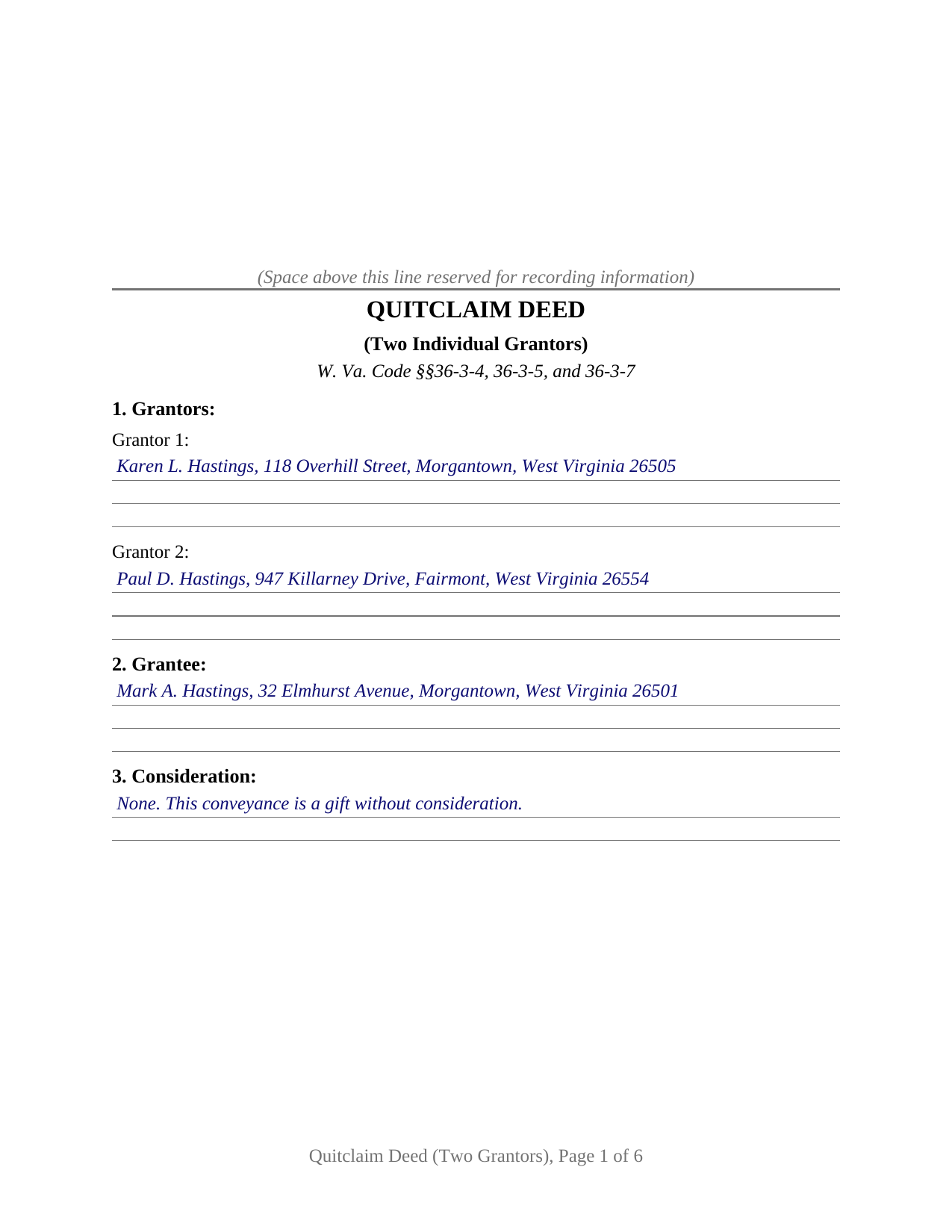 Tyler County Completed Example of the Quitclaim Deed (Two Grantors) Document