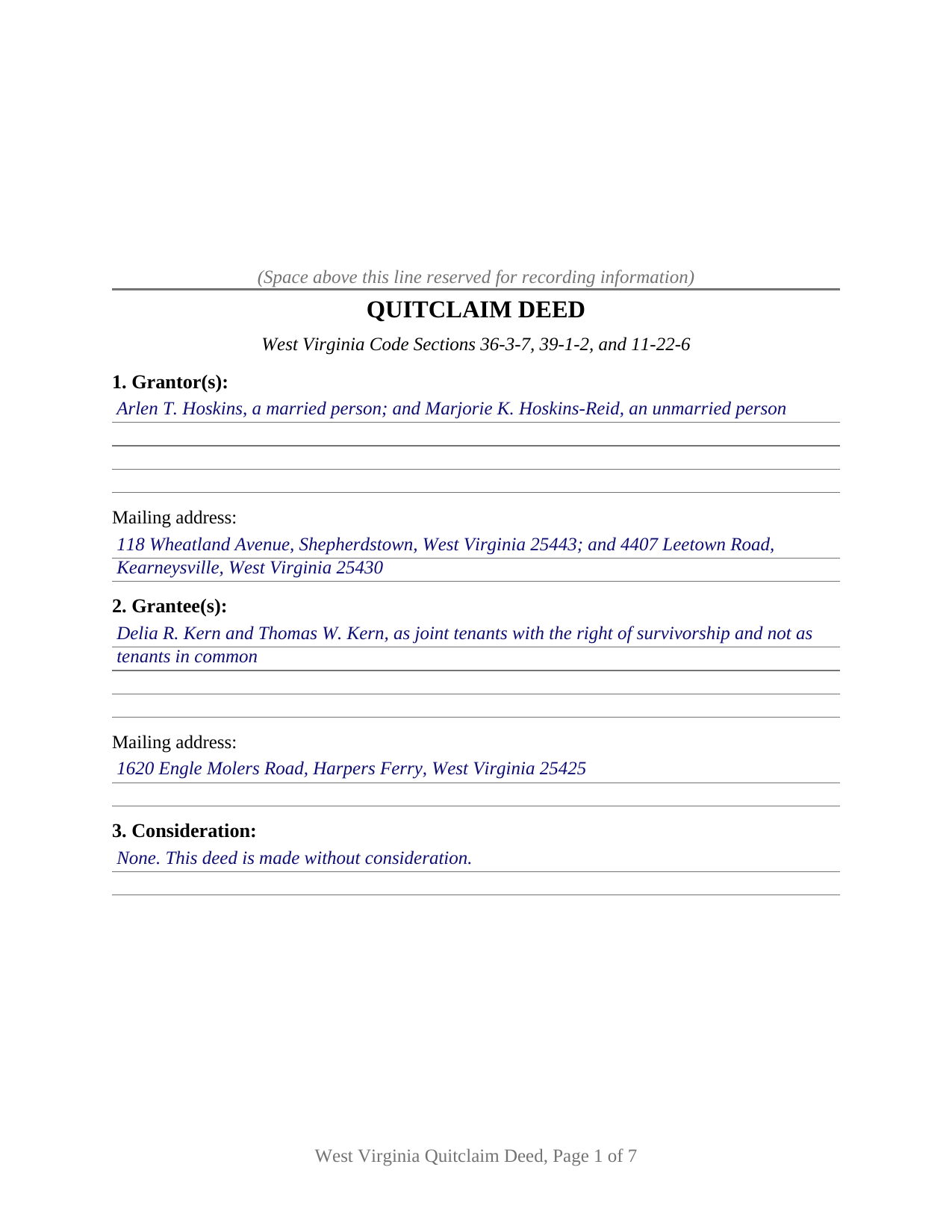 Calhoun County Completed Example of the Quitclaim Deed Document