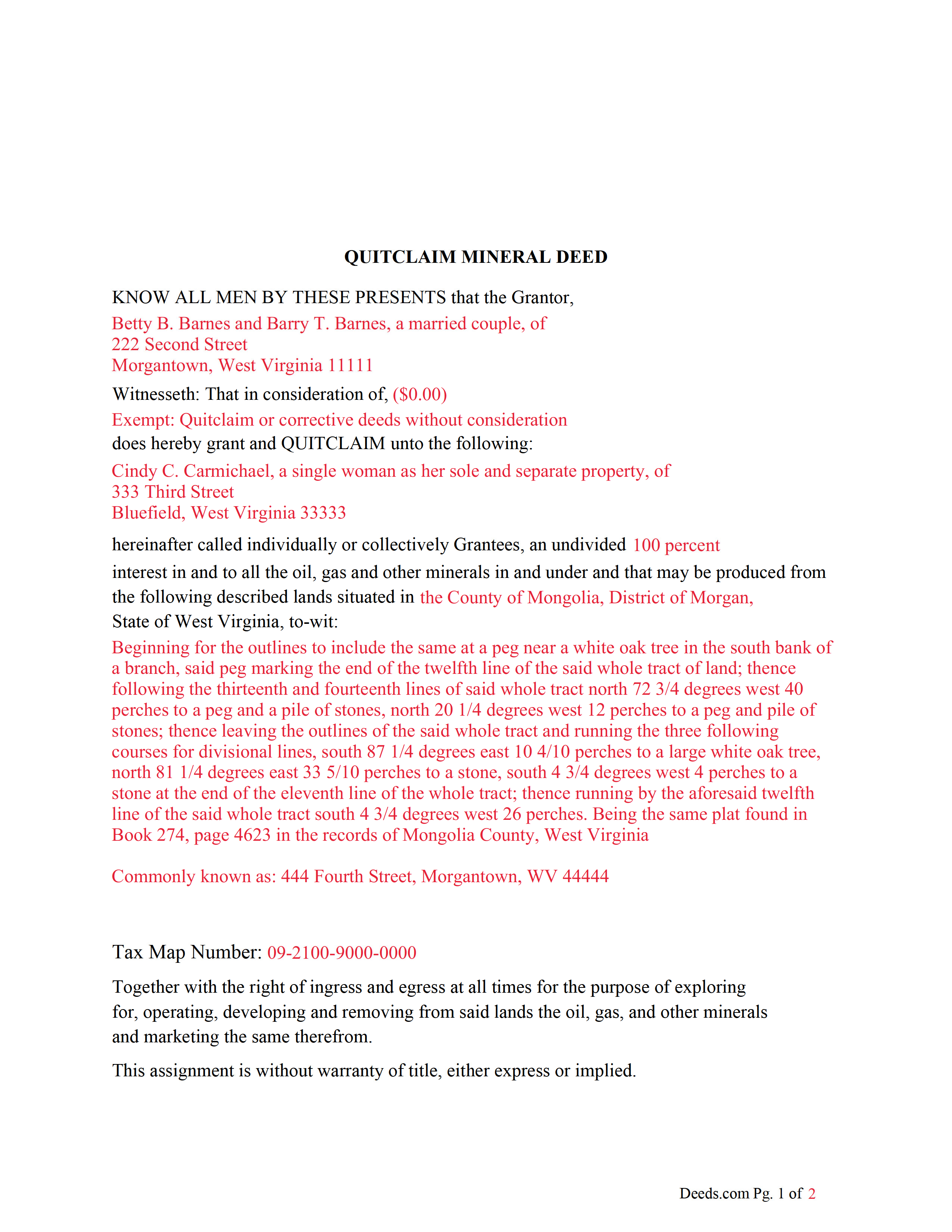 Tyler County Completed Example of the Quitclaim Mineral Deed Document