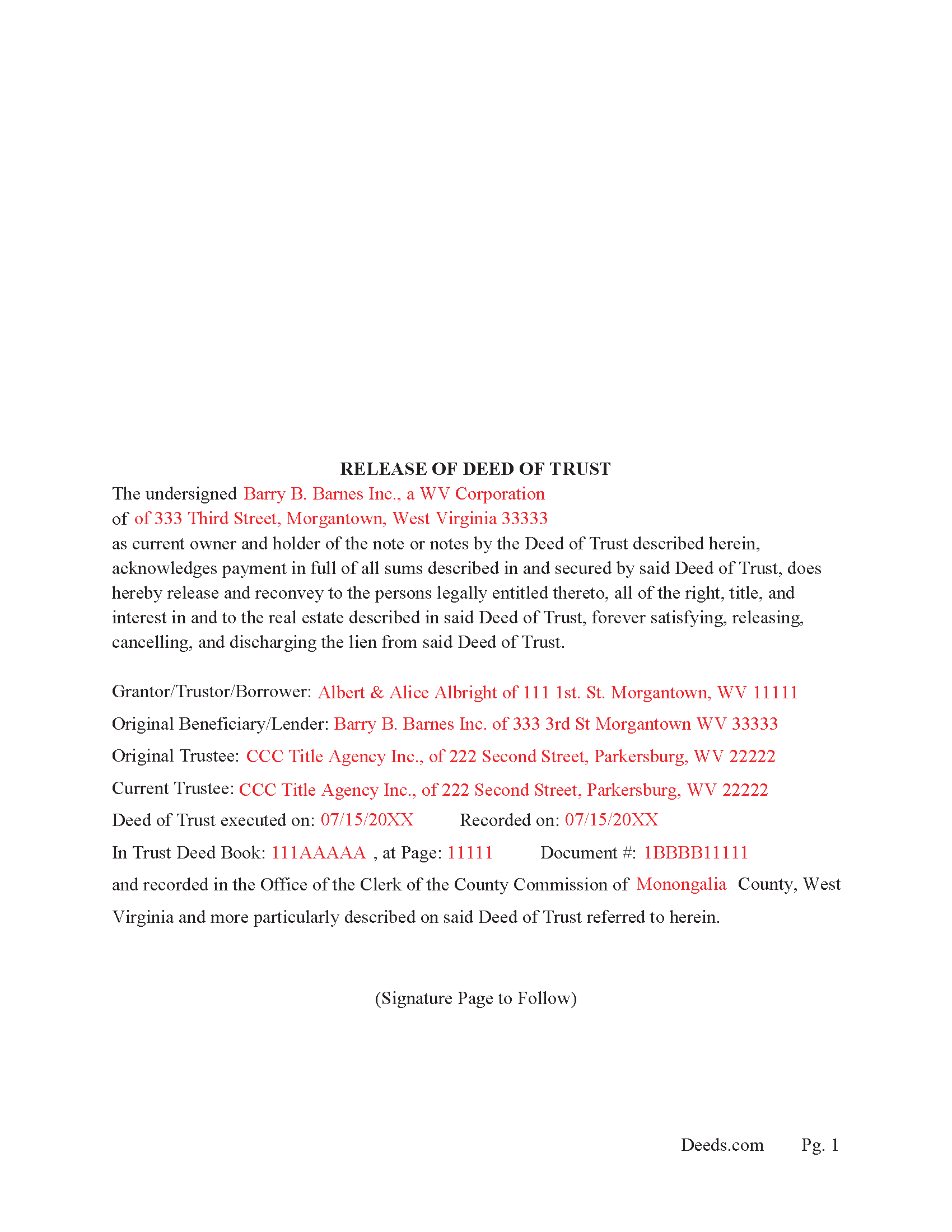 Completed Example of the Release of Deed of Trust