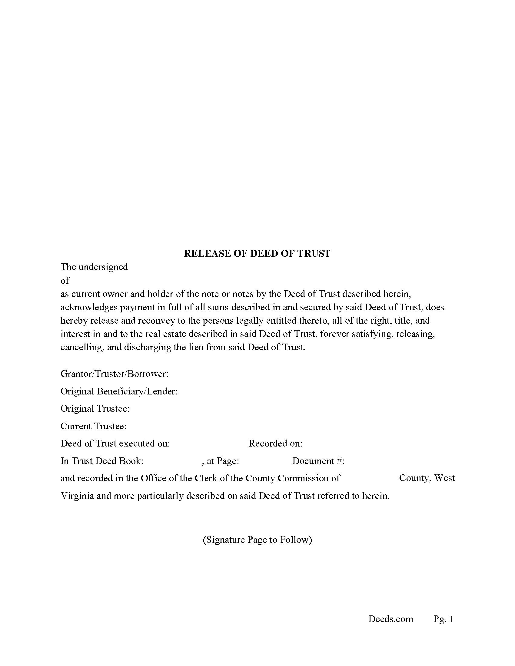 Release of Deed of Trust Form