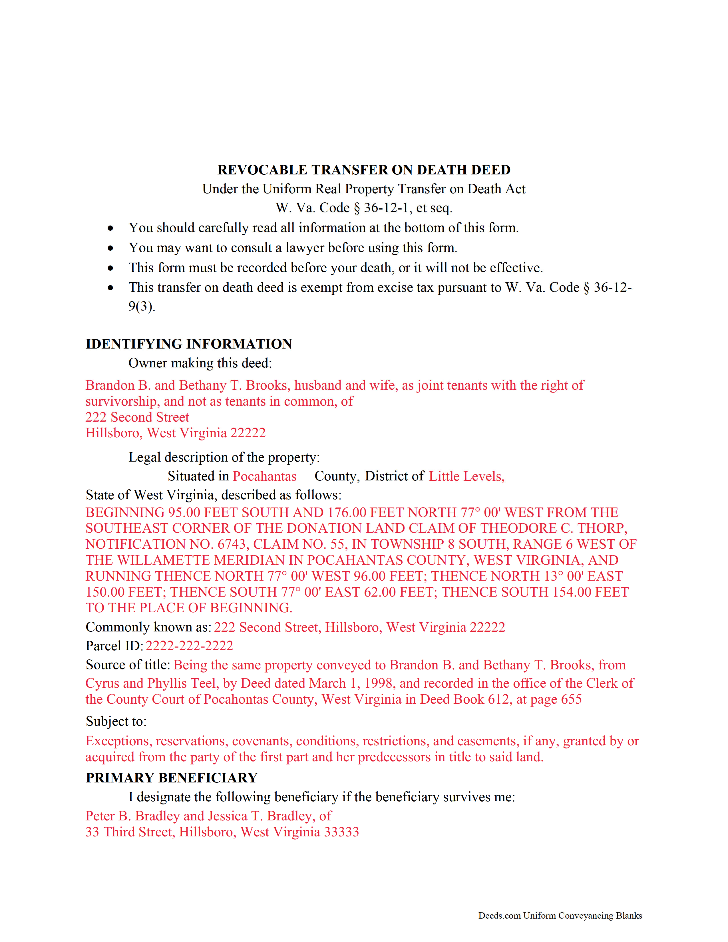 Completed Example of the Transfer on Death Deed Form