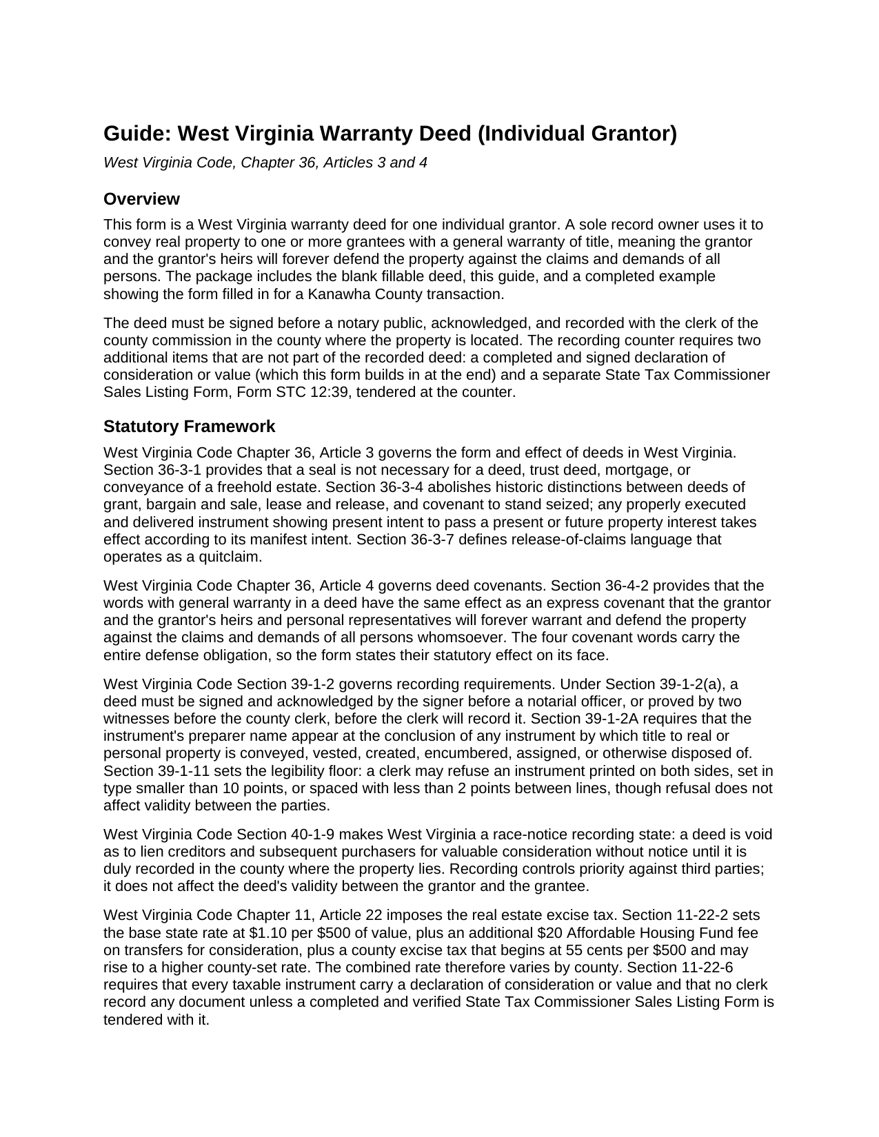Braxton County Warranty Deed (Individual Grantor) Guide