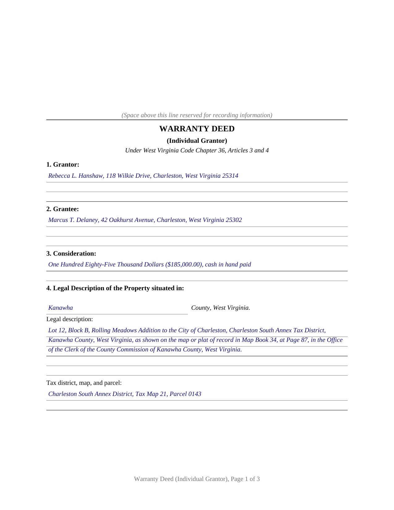 Braxton County Completed Example of the Warranty Deed (Individual Grantor) Document