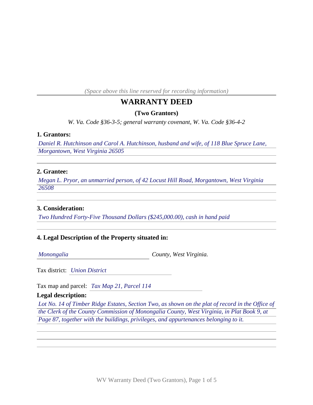 Hardy County Completed Example of the Warranty Deed (Two Grantors) Document