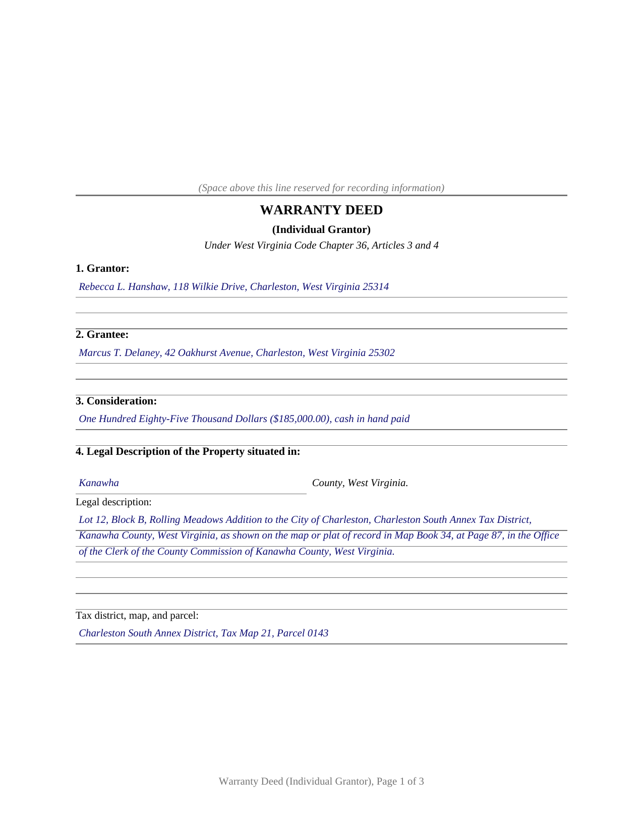 Ohio County Completed Example of the Warranty Deed Document