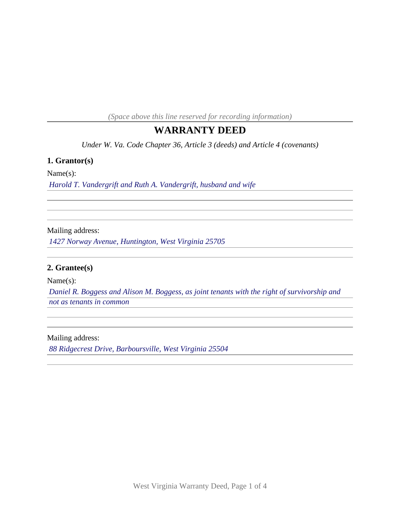 Mingo County Completed Example of the Warranty Deed Document