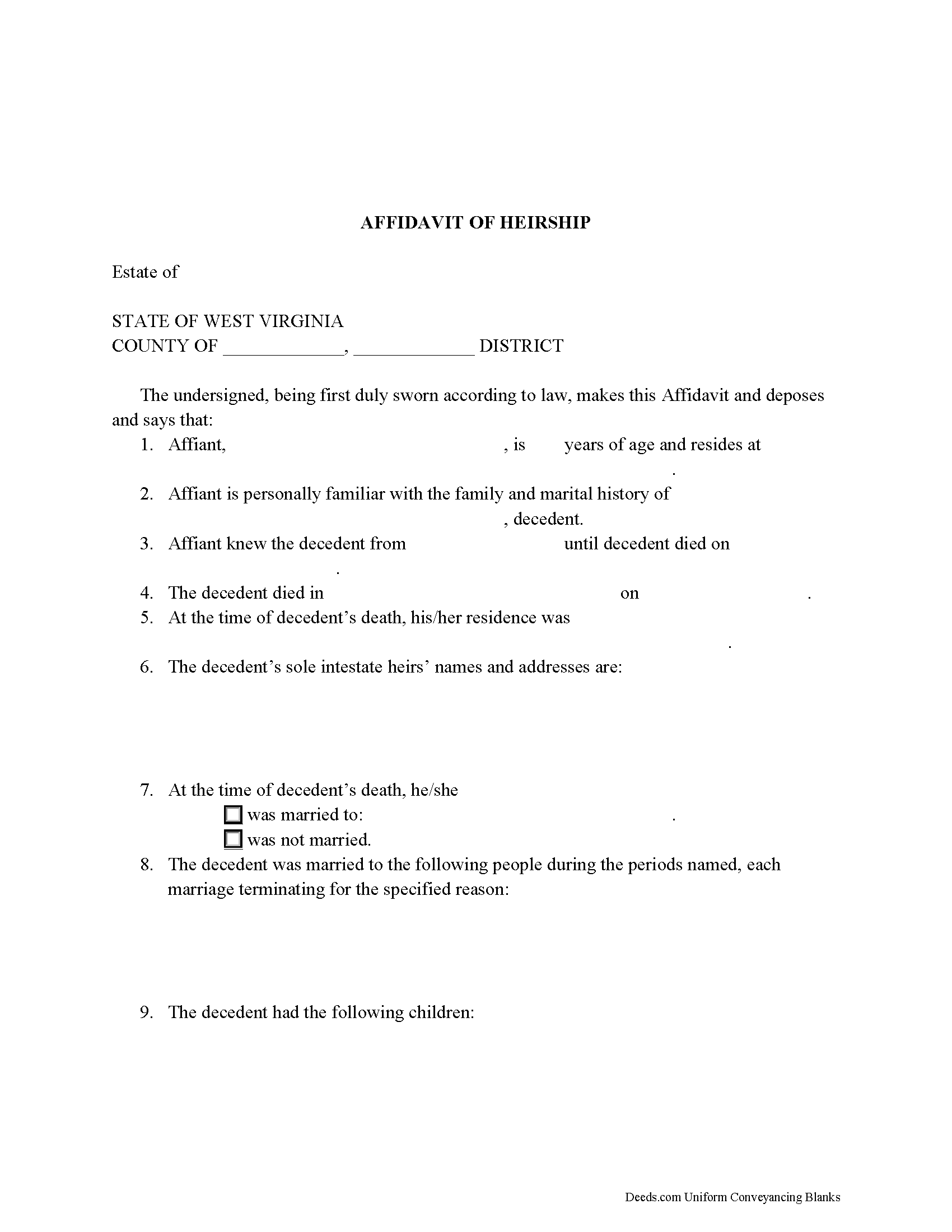 West Virginia Affidavit of Heirship Image