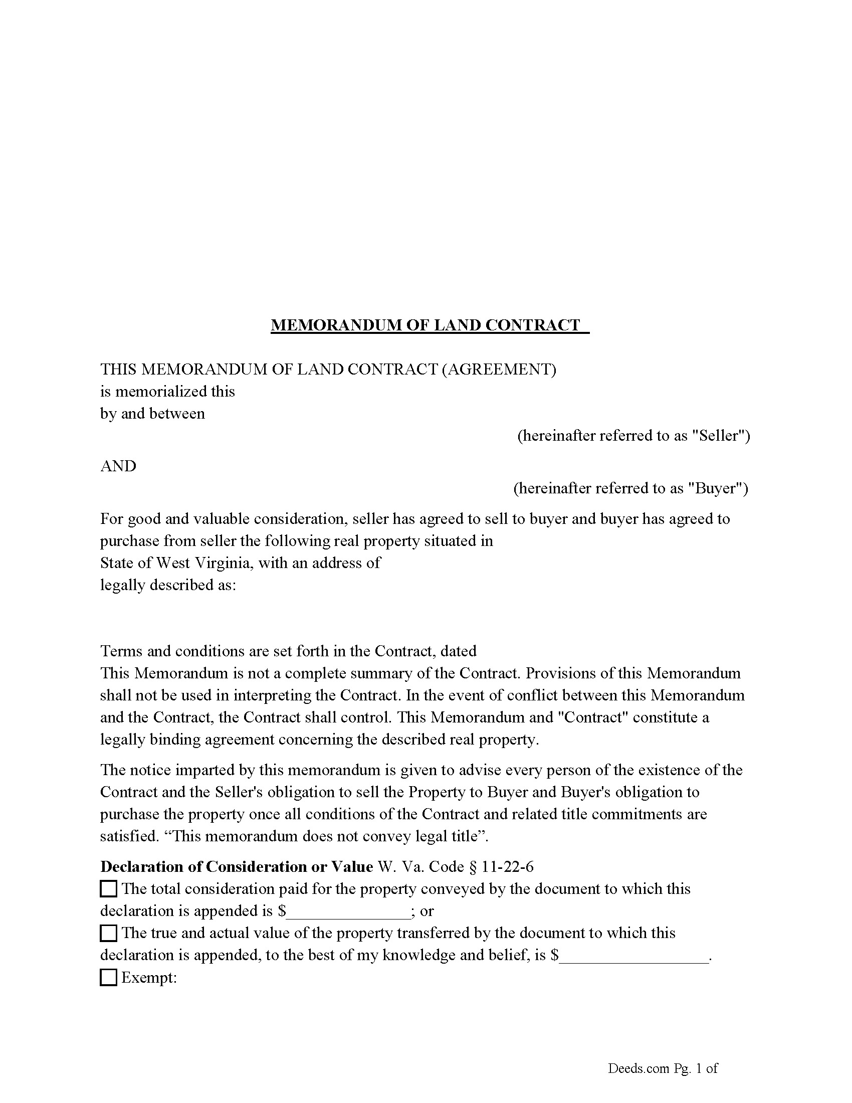 West Virginia Memorandum of Land Contract