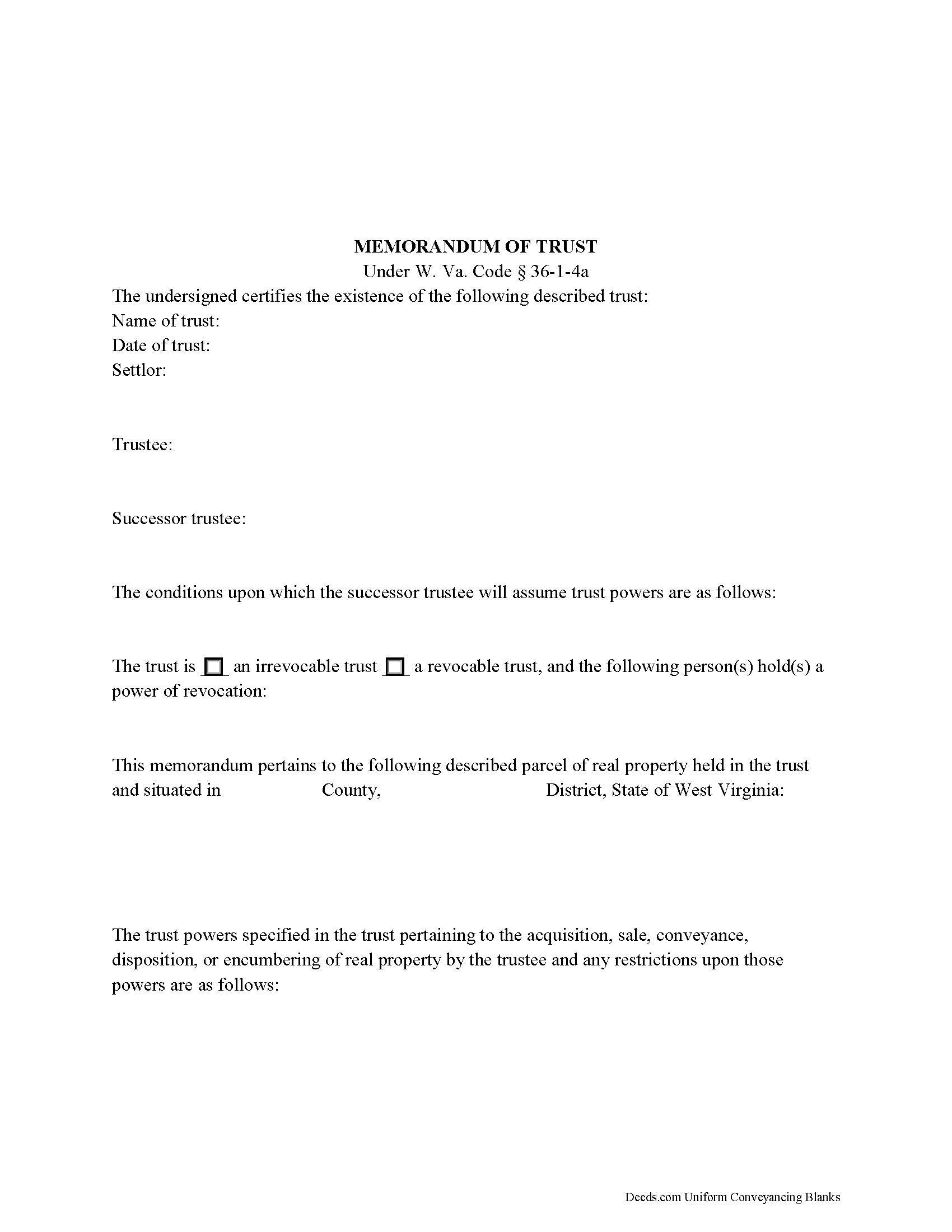West Virginia Memorandum of Trust Image