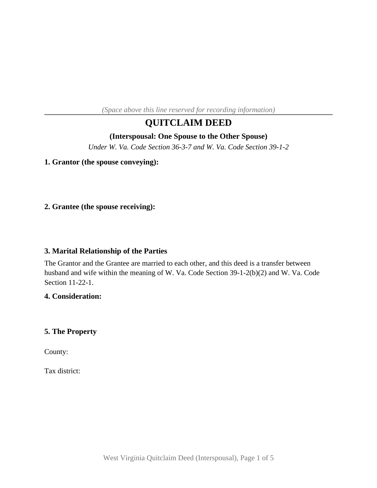 West Virginia Quitclaim Deed (Interspousal)