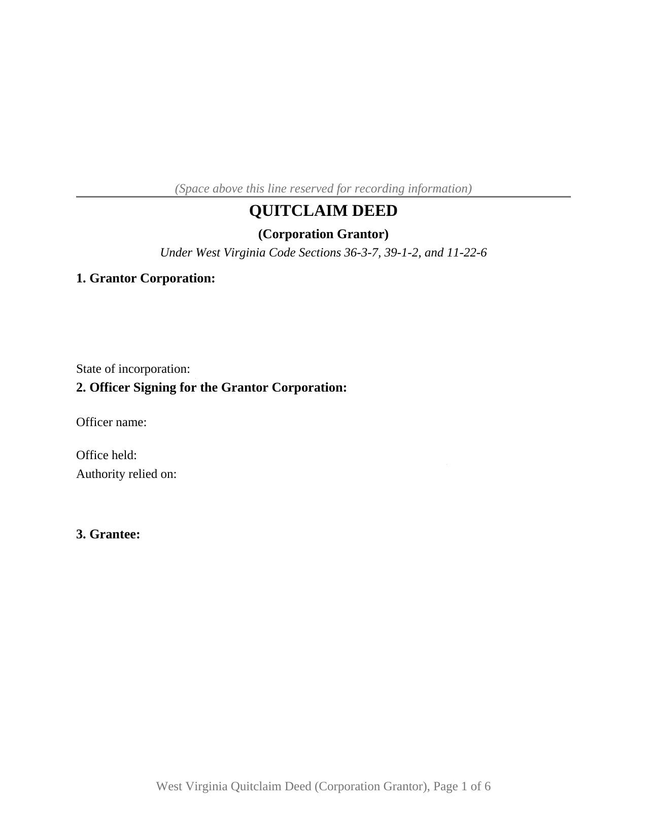 West Virginia Quitclaim Deed (Corporation Grantor)