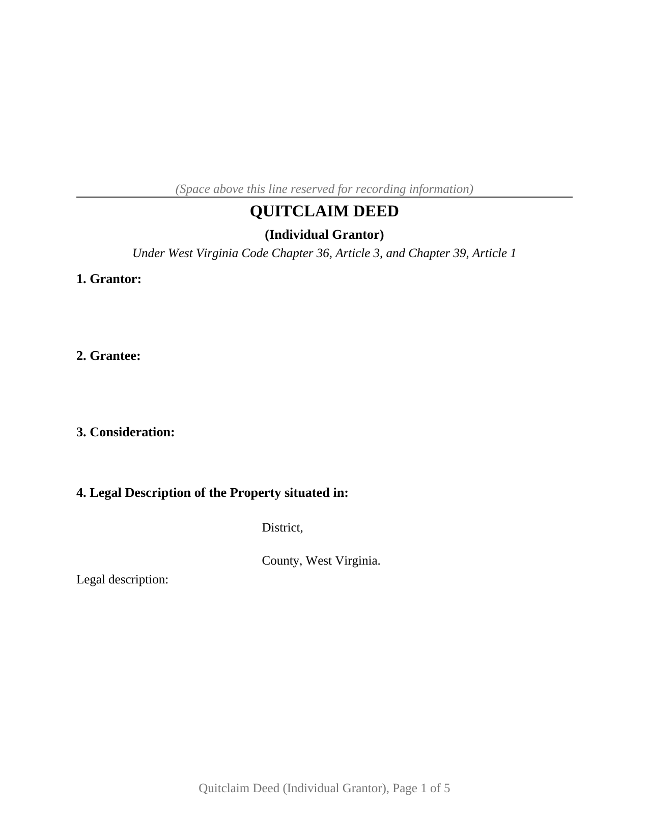 West Virginia Quitclaim Deed (Individual Grantor)