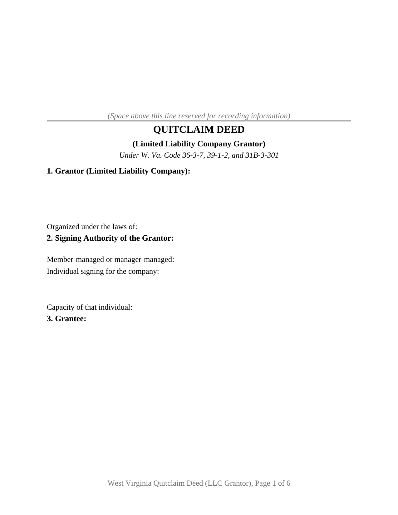 West Virginia Quitclaim Deed (LLC Grantor)