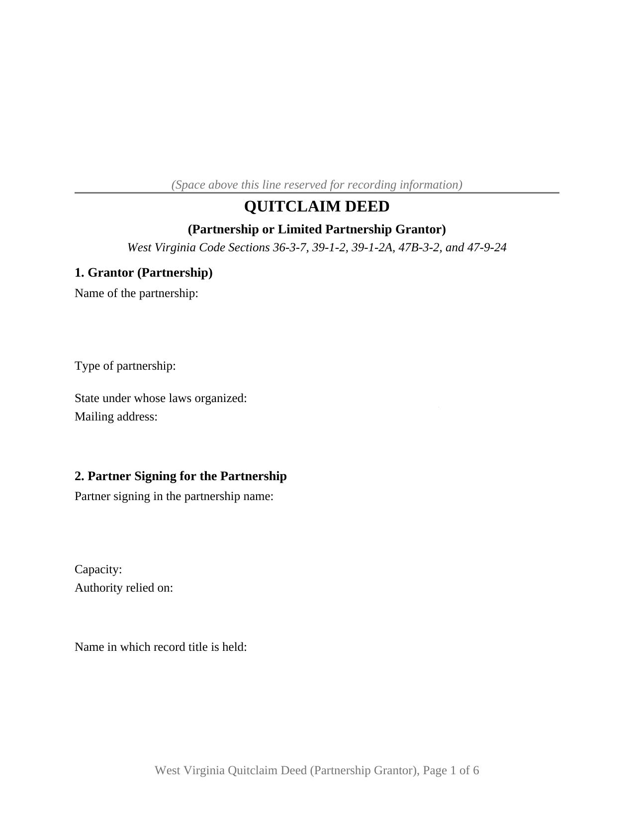 West Virginia Quitclaim Deed (Partnership or Limited Partnership Grantor)