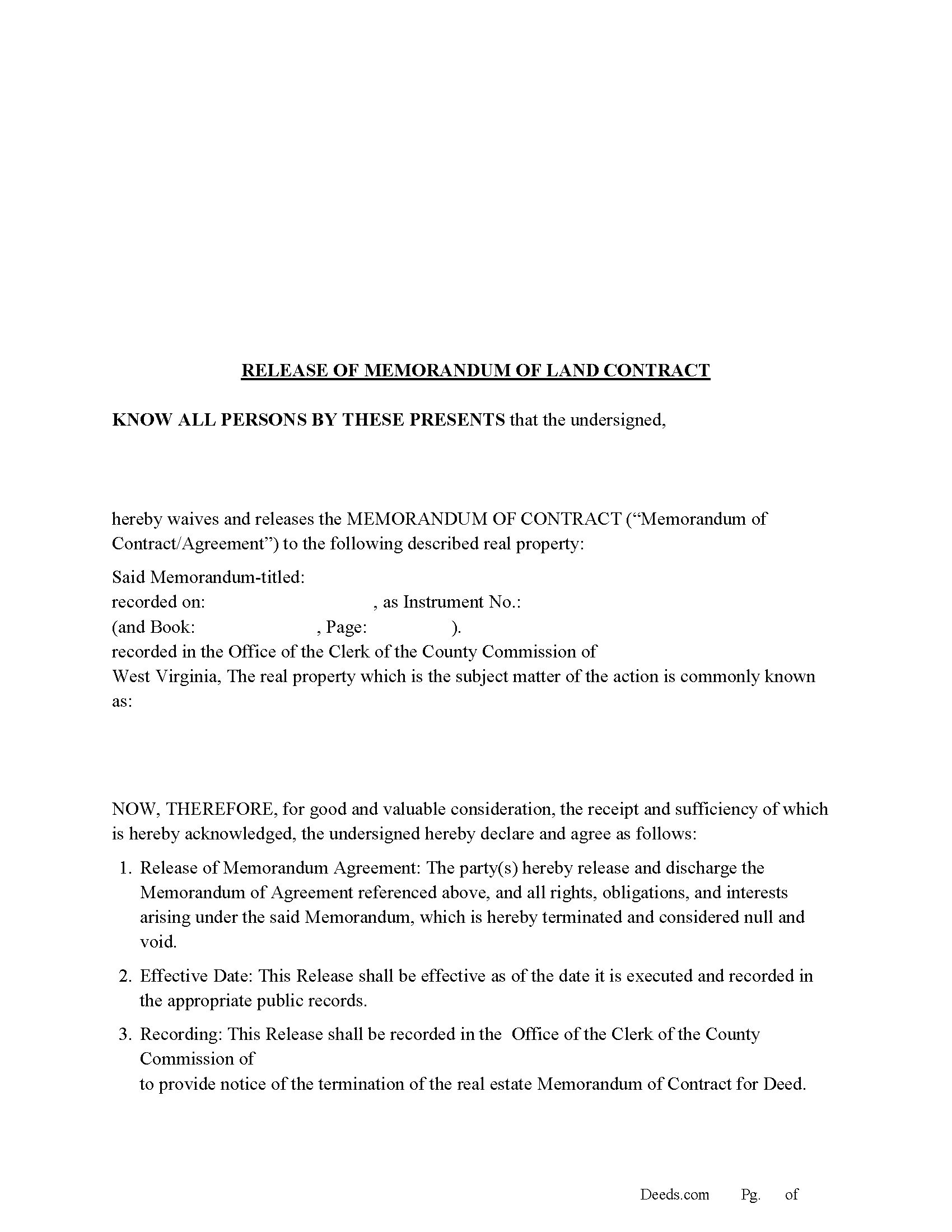 West Virginia Release of Memorandum of Contract
