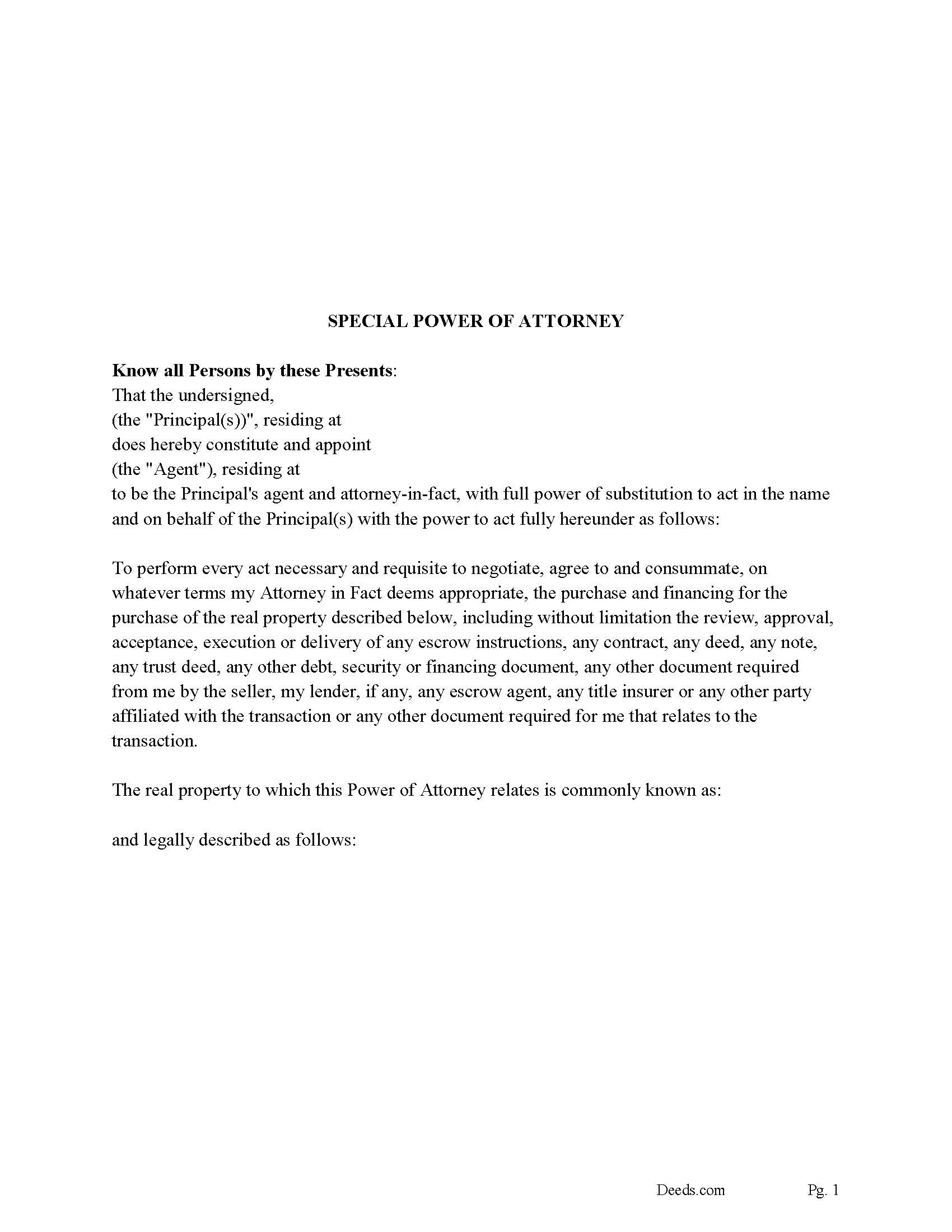 West Virginia Special Power of Attorney for the Purchase of Property Image