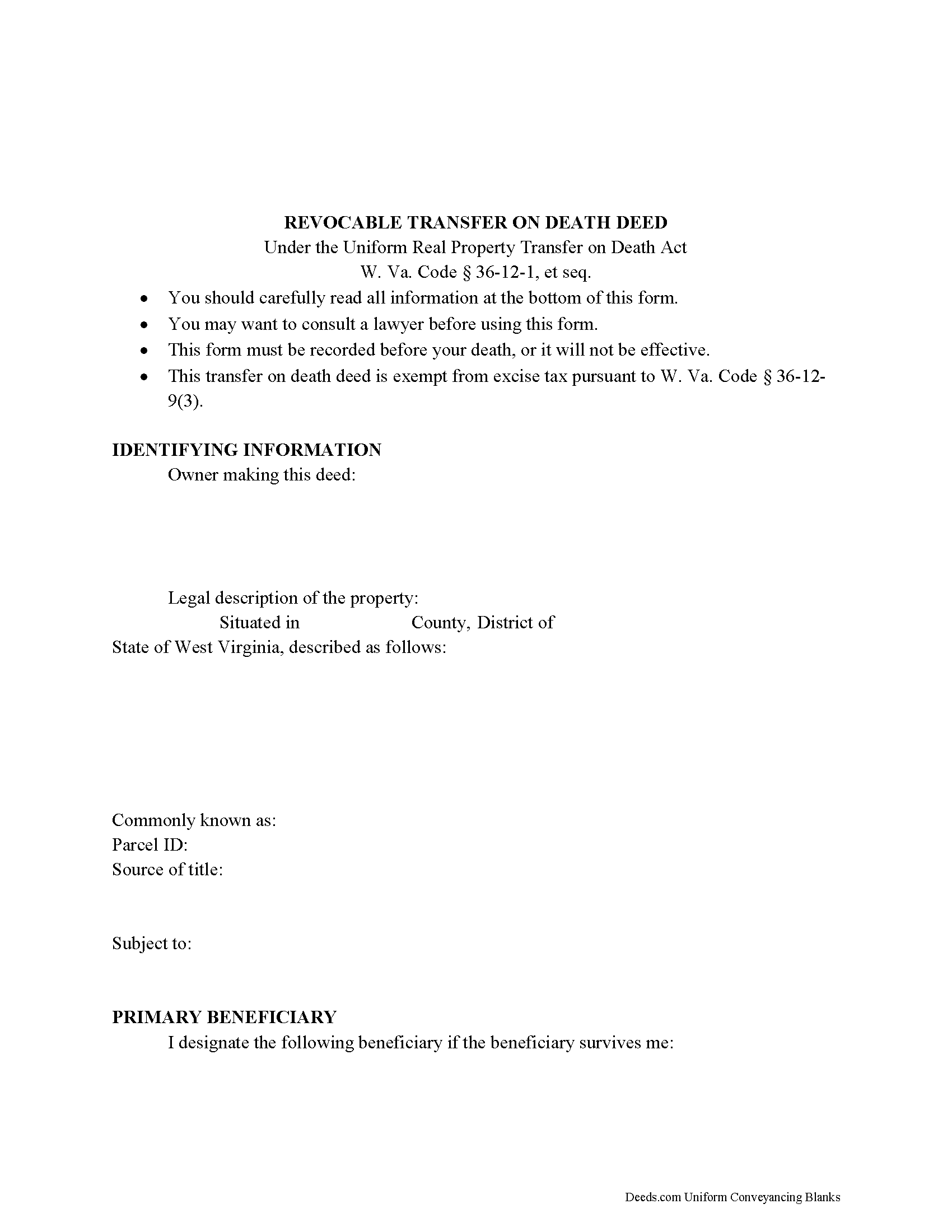West Virginia Transfer on Death Deed Image