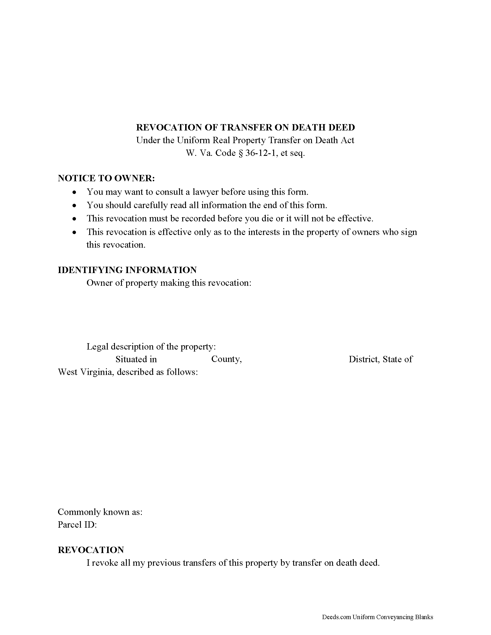 West Virginia Transfer on Death Revocation Image