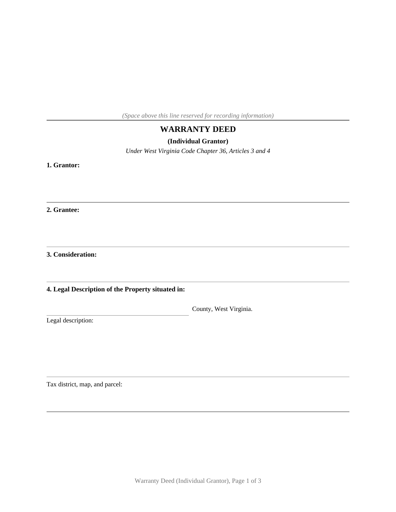 West Virginia Warranty Deed (Individual Grantor)