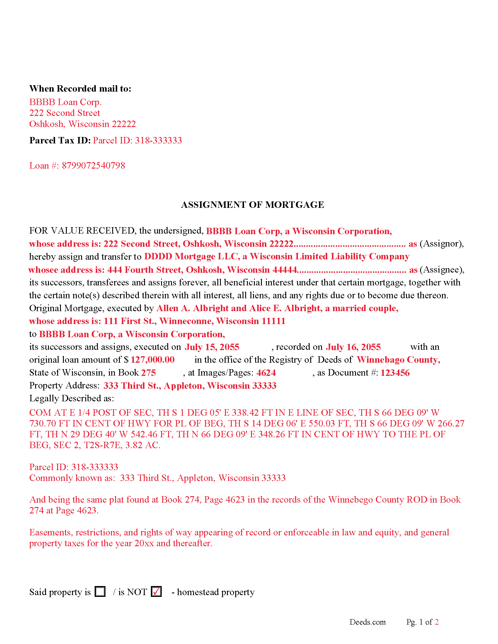 Completed Example of the Assignment of Mortgage Document