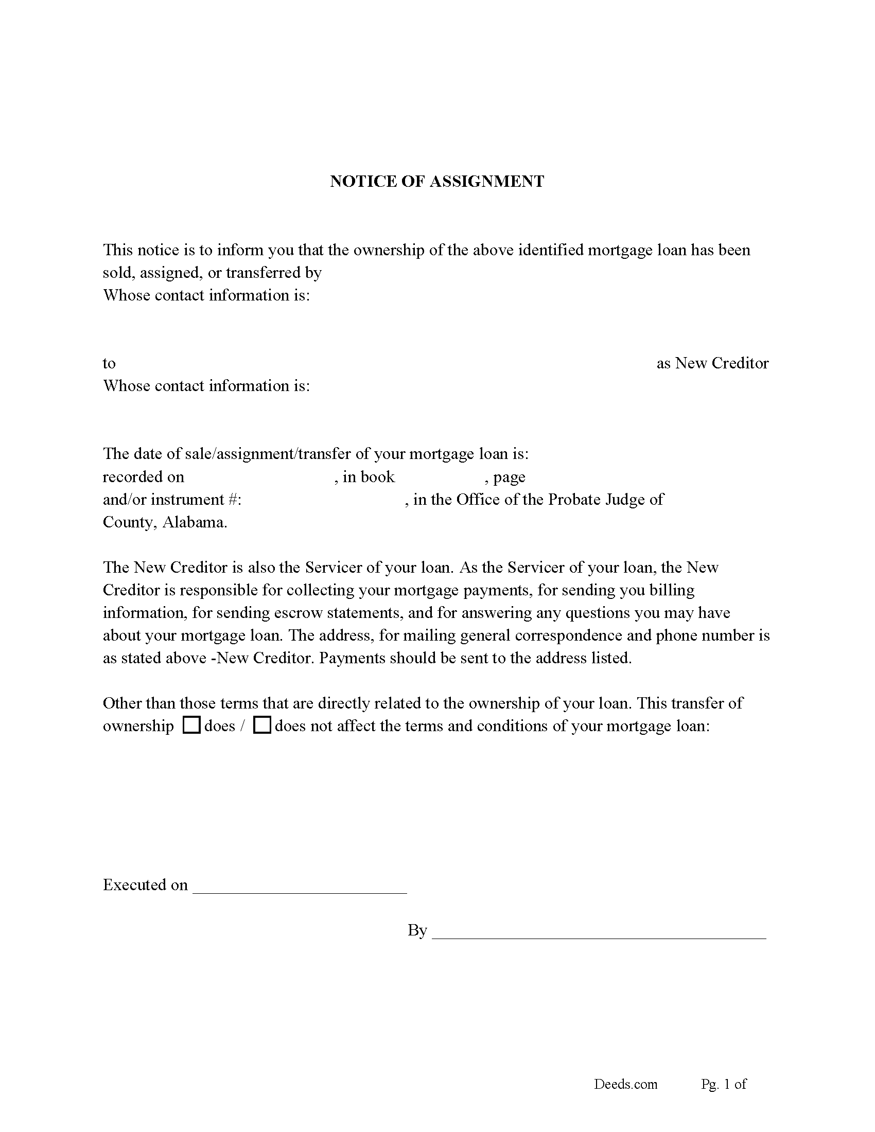 Notice of Assignment of Mortgage Form