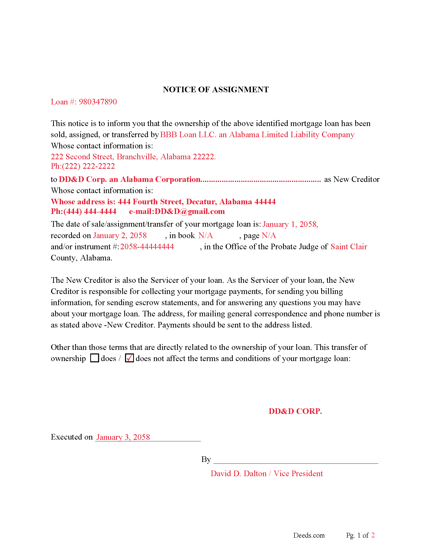 Pepin County Notice of Assignment-Completed Example