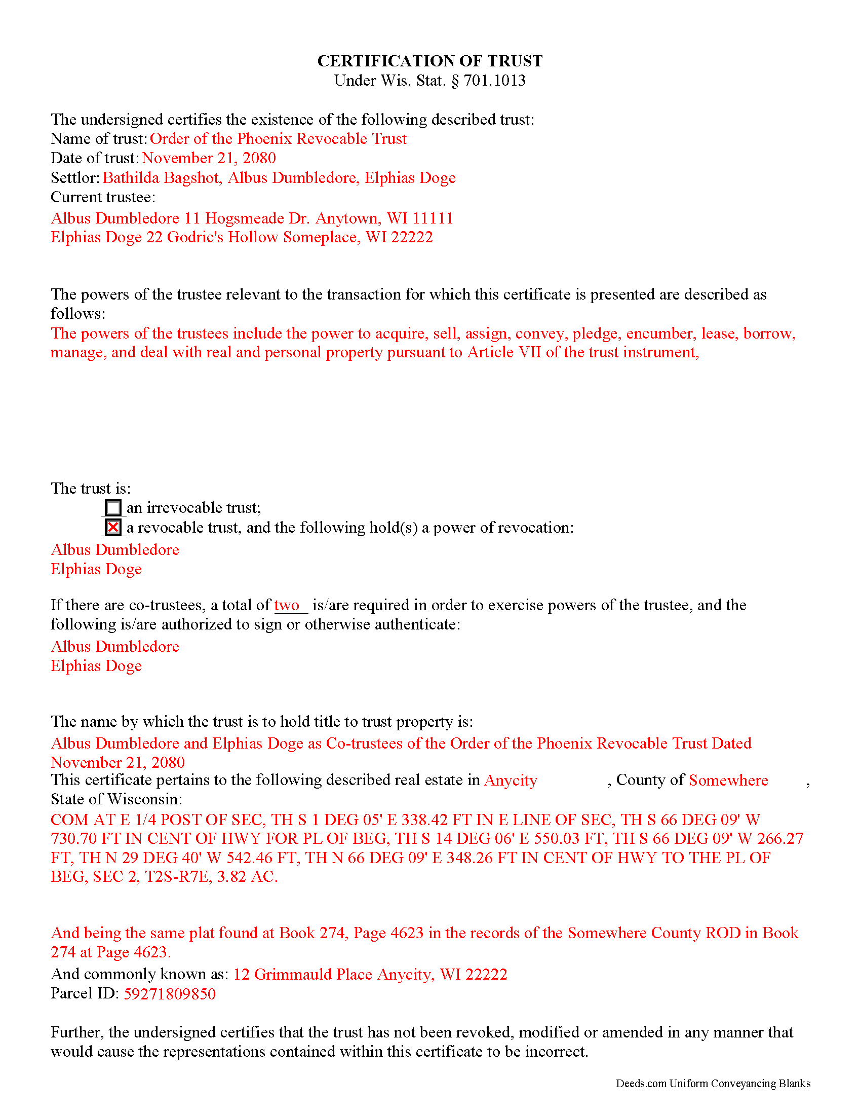 Pepin County Completed Example of the Certificate of Trust Document