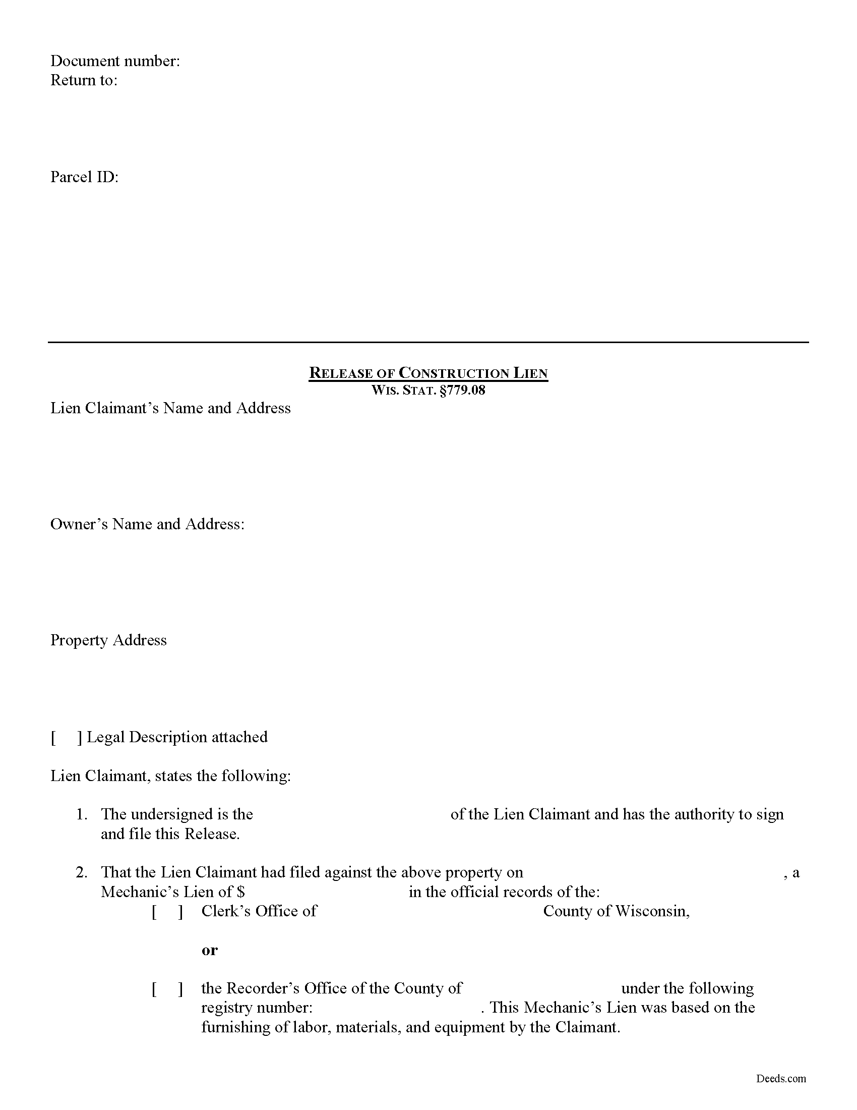 Pepin County Construction Lien Release Form
