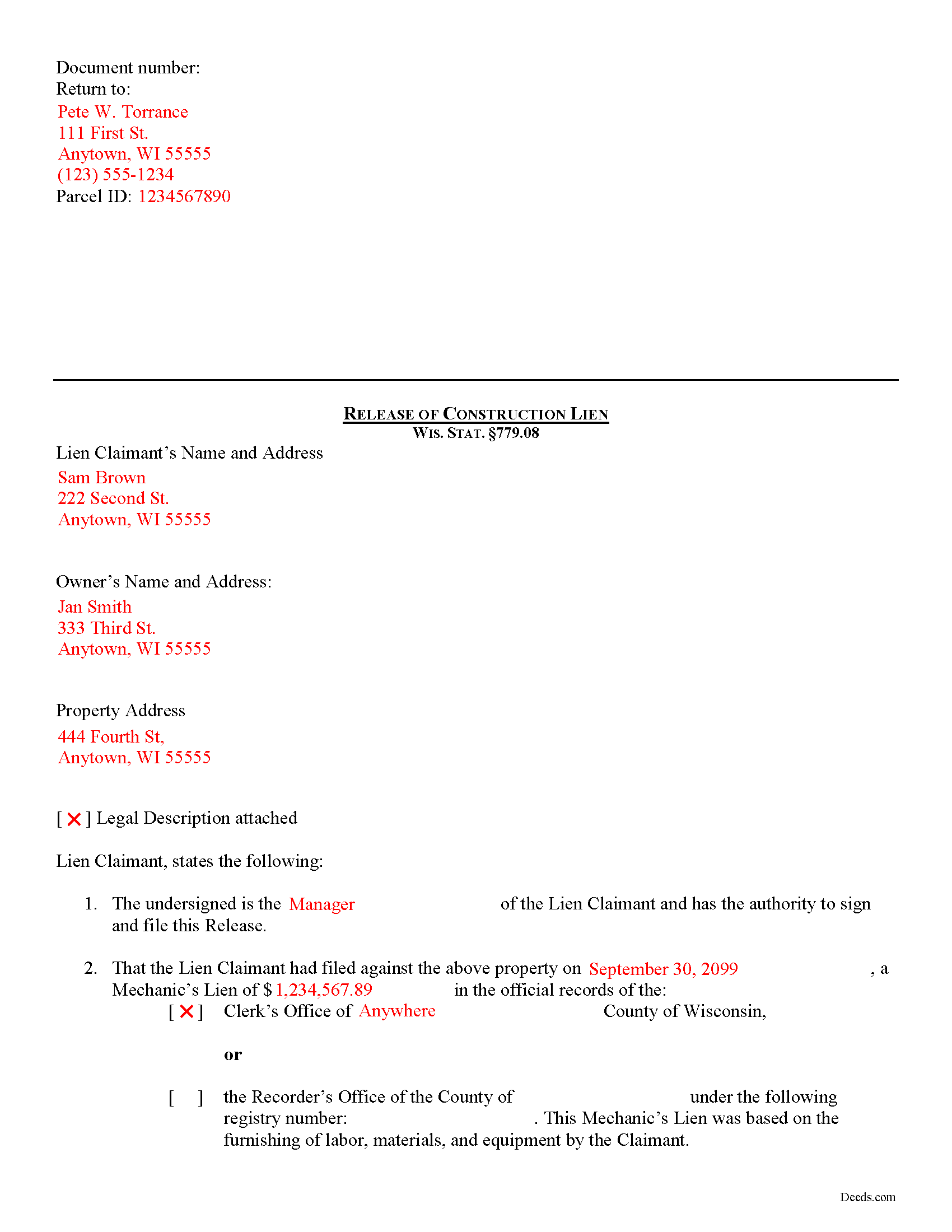 Completed Example of the Construction Lien Release Document