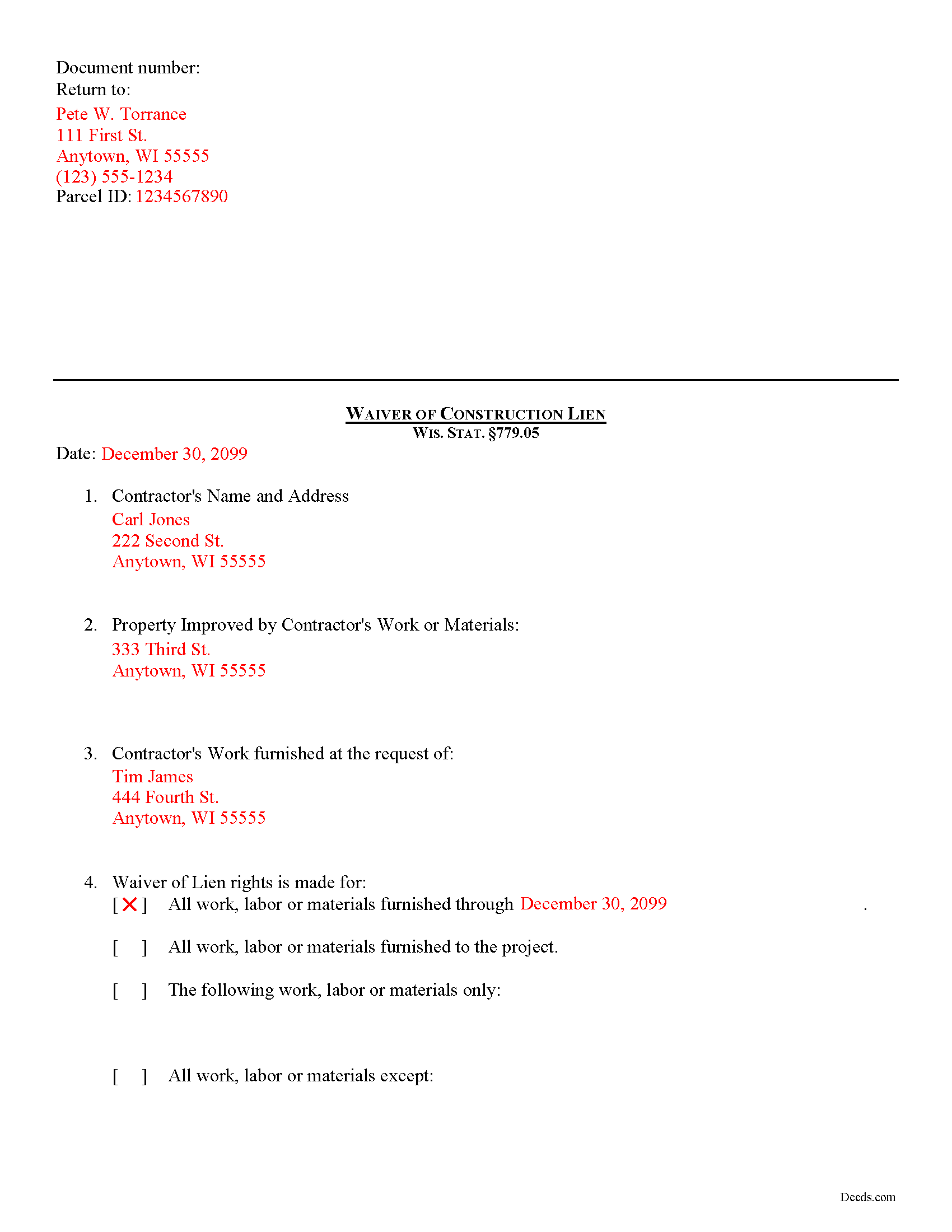 Pepin County Completed Example of the Construction Lien Waiver Document