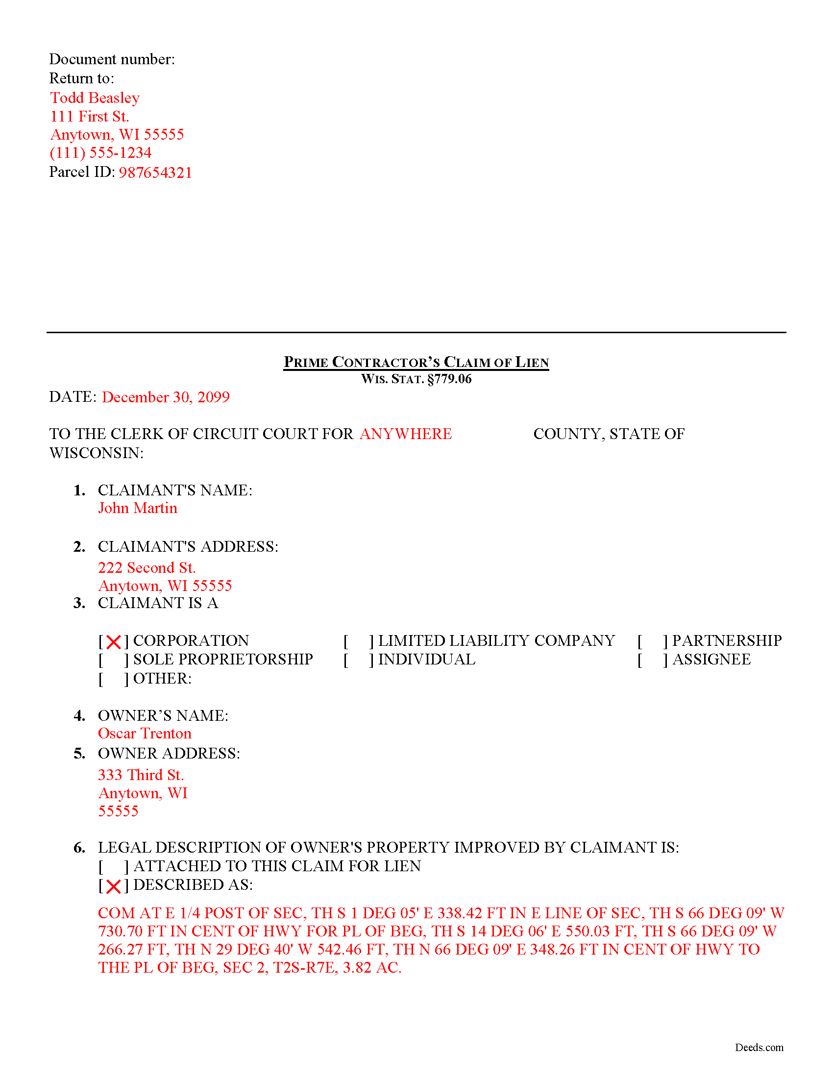 Completed Example of the Contractor Claim of Lien Document