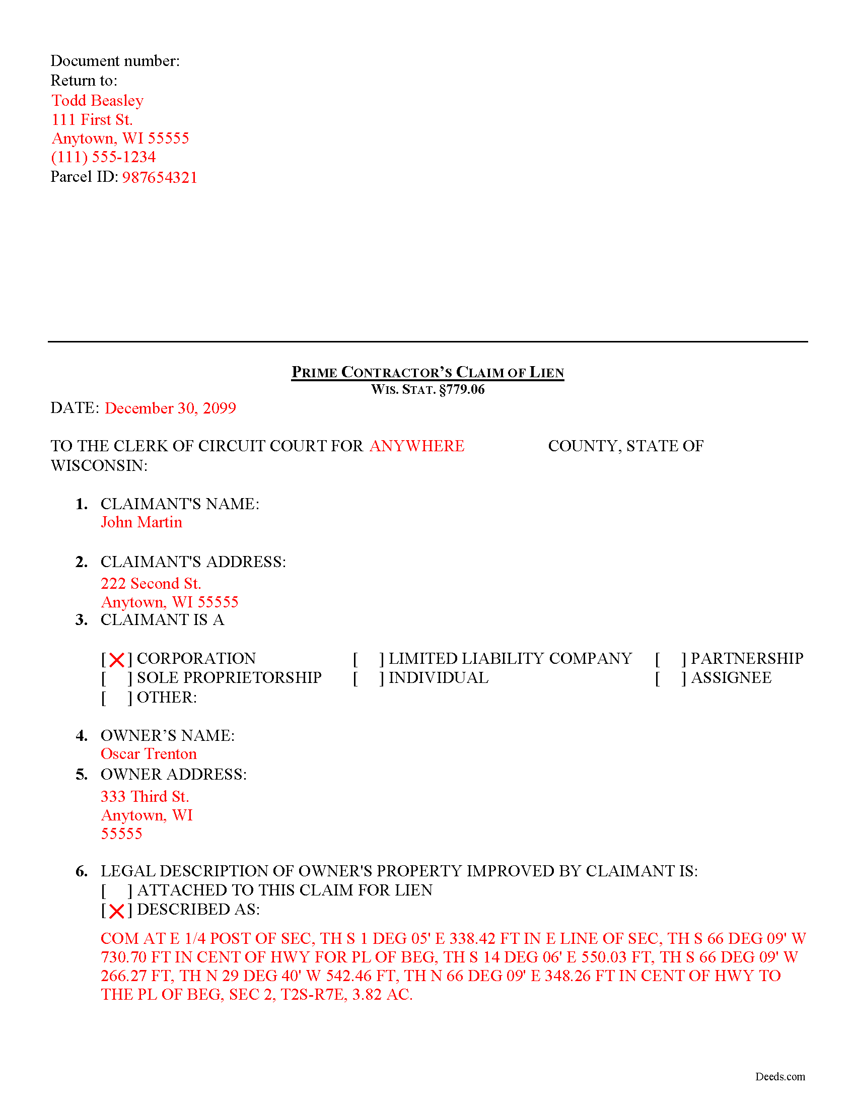 Pepin County Completed Example of the Contractor Claim of Lien Document