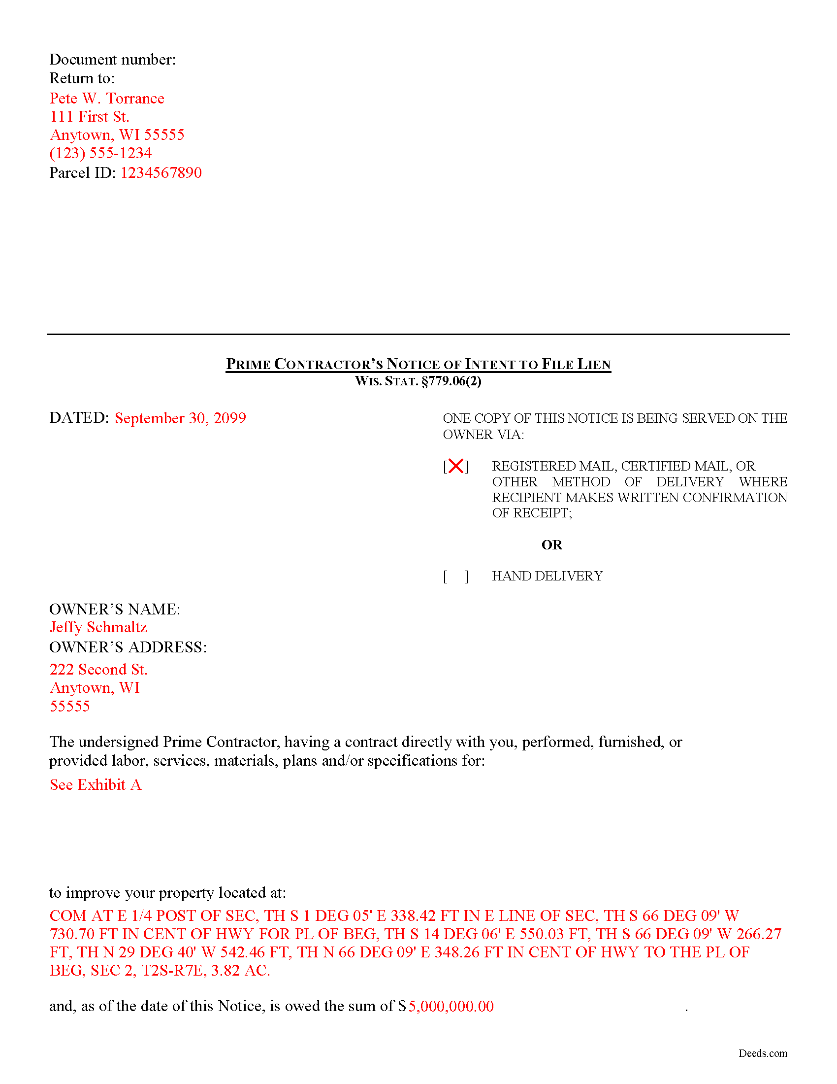 Completed Example of the Contractor Notice of Intent to File Lien Document