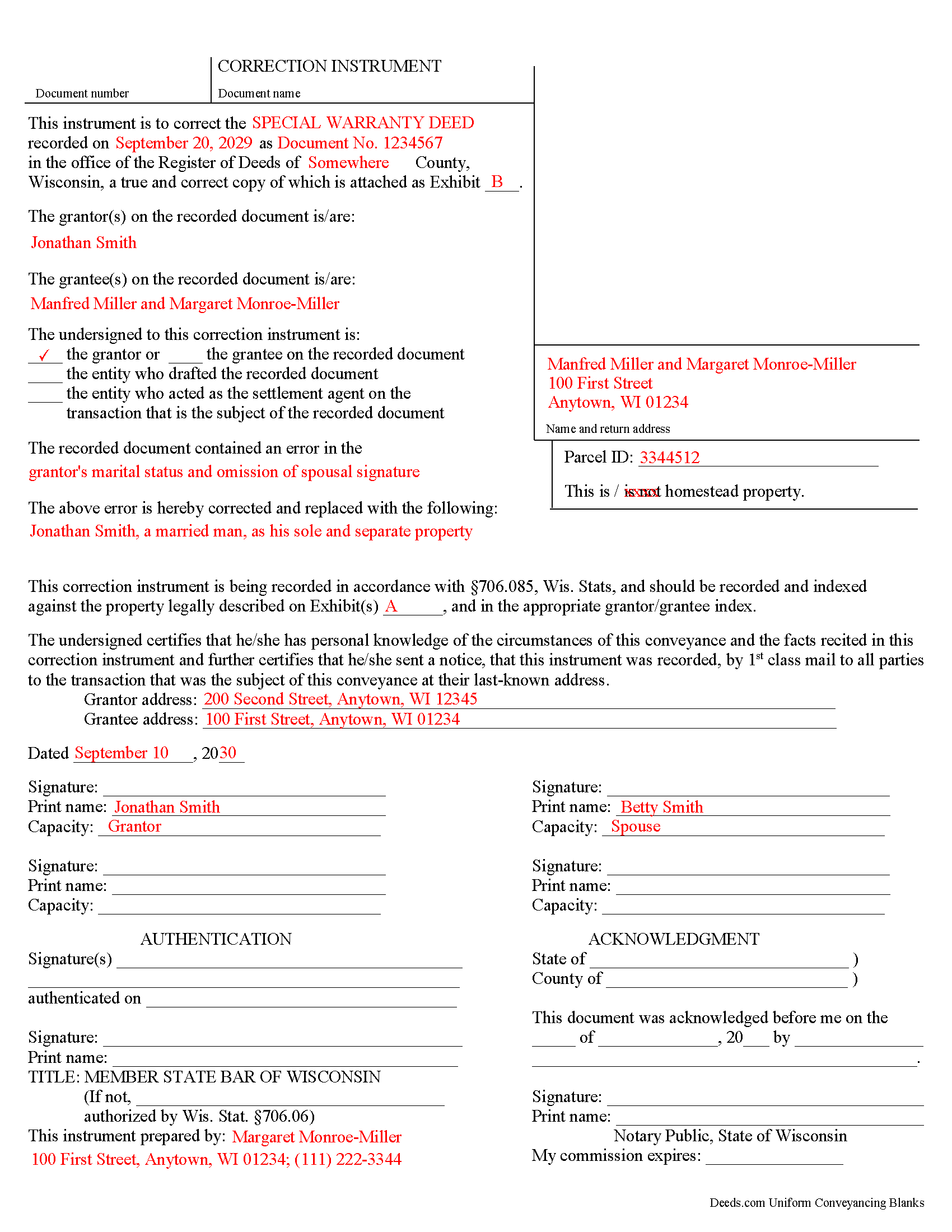 Adams County Completed Example of the Correction Deed Document