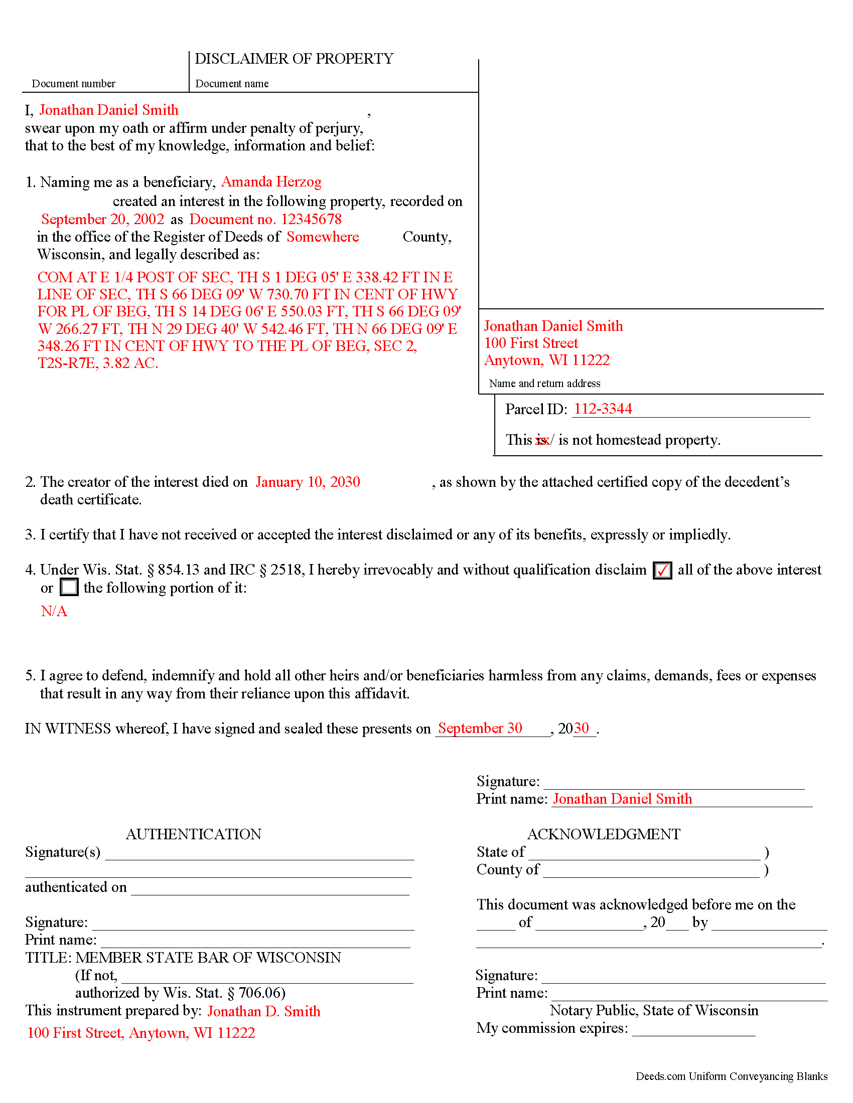 Completed Example of the Disclaimer of Interest Document