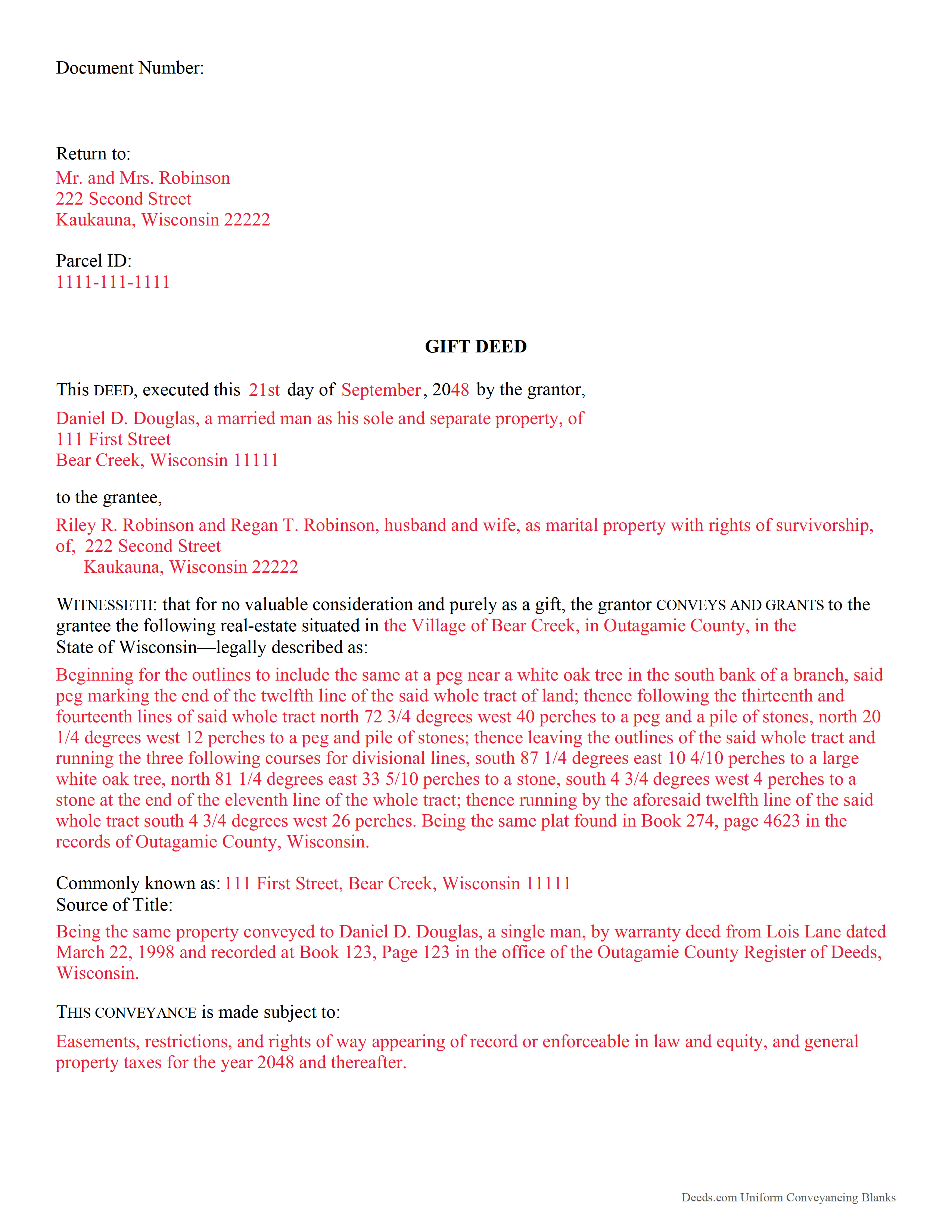 Juneau County Completed Example of the Gift Deed Document