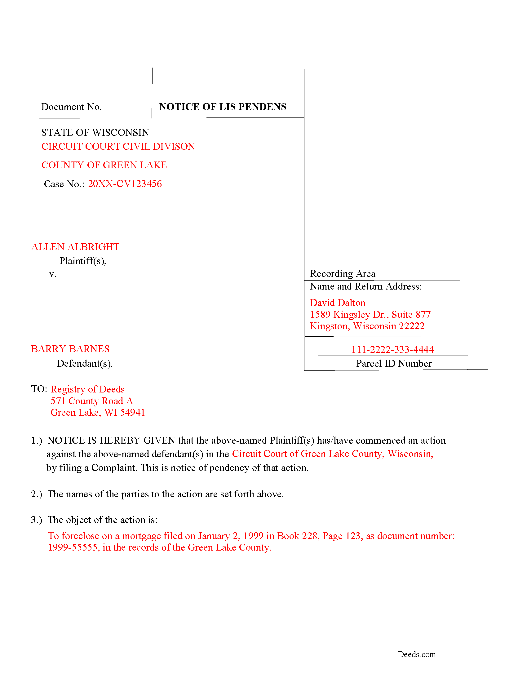 Pepin County Completed Example of the Lis Pendens Document