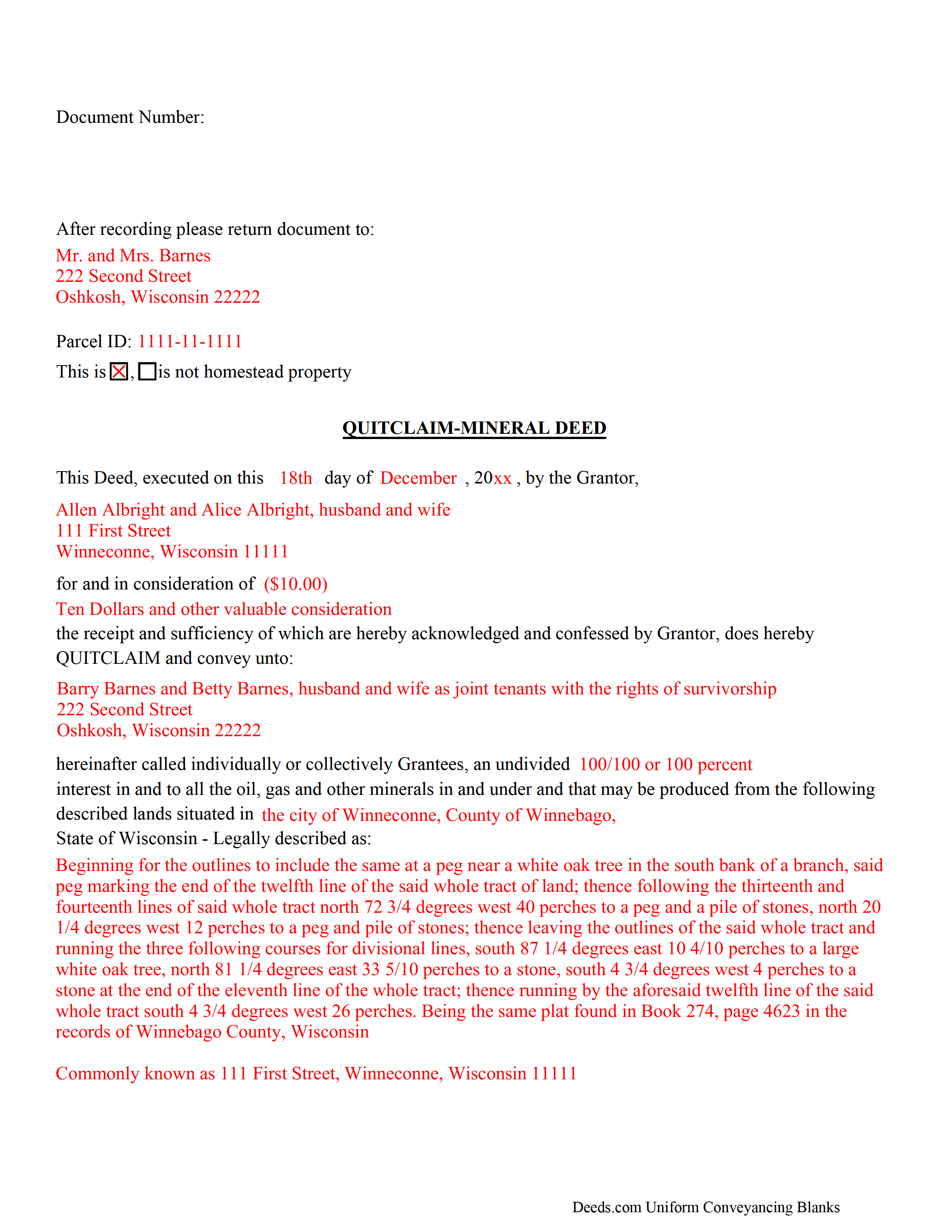 Pepin County Completed Example of the Mineral Deed with Quitclaim Covenants Document